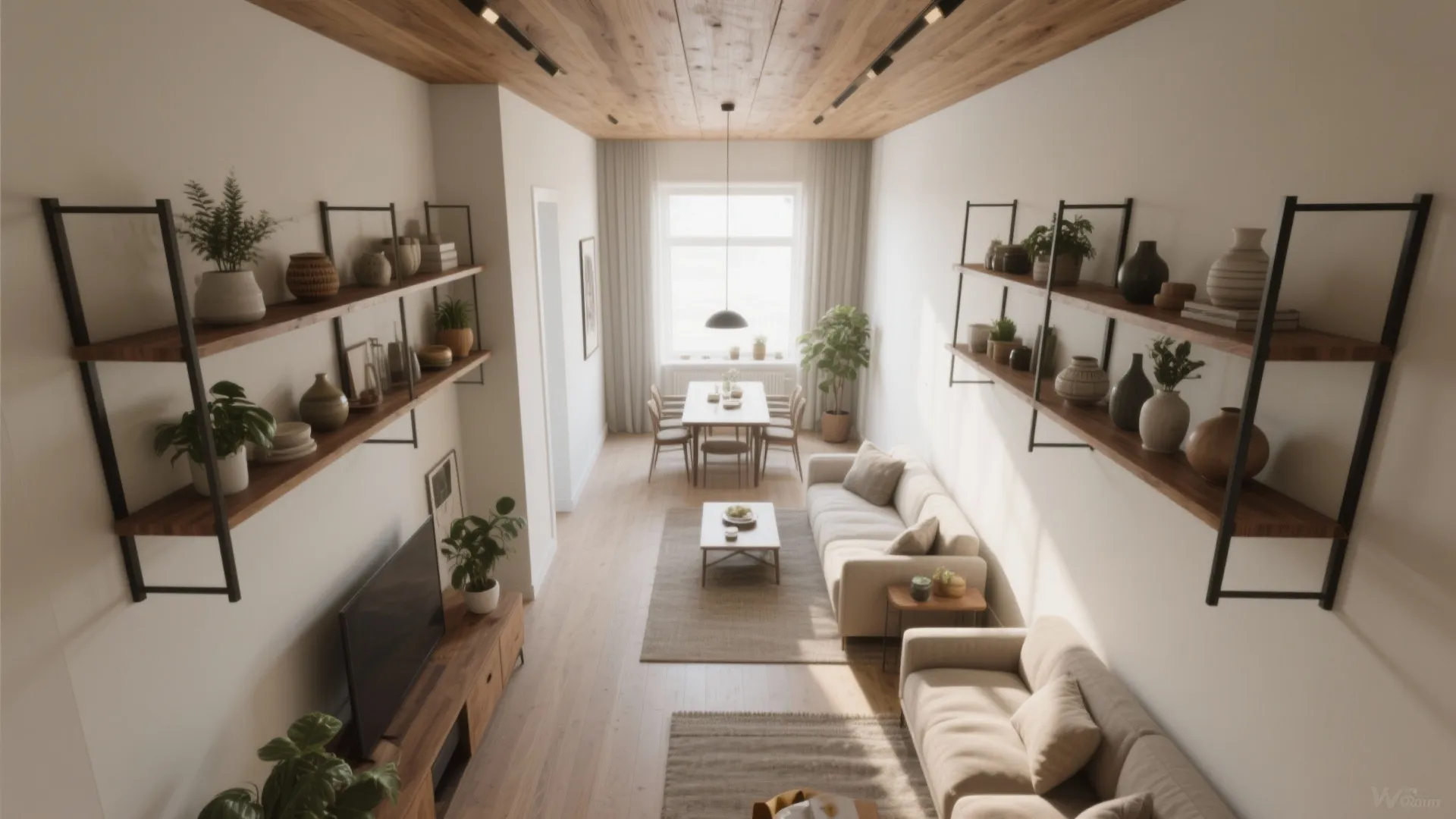 Modern narrow living room with wood ceiling wall shelves cream sofa and dining table setup