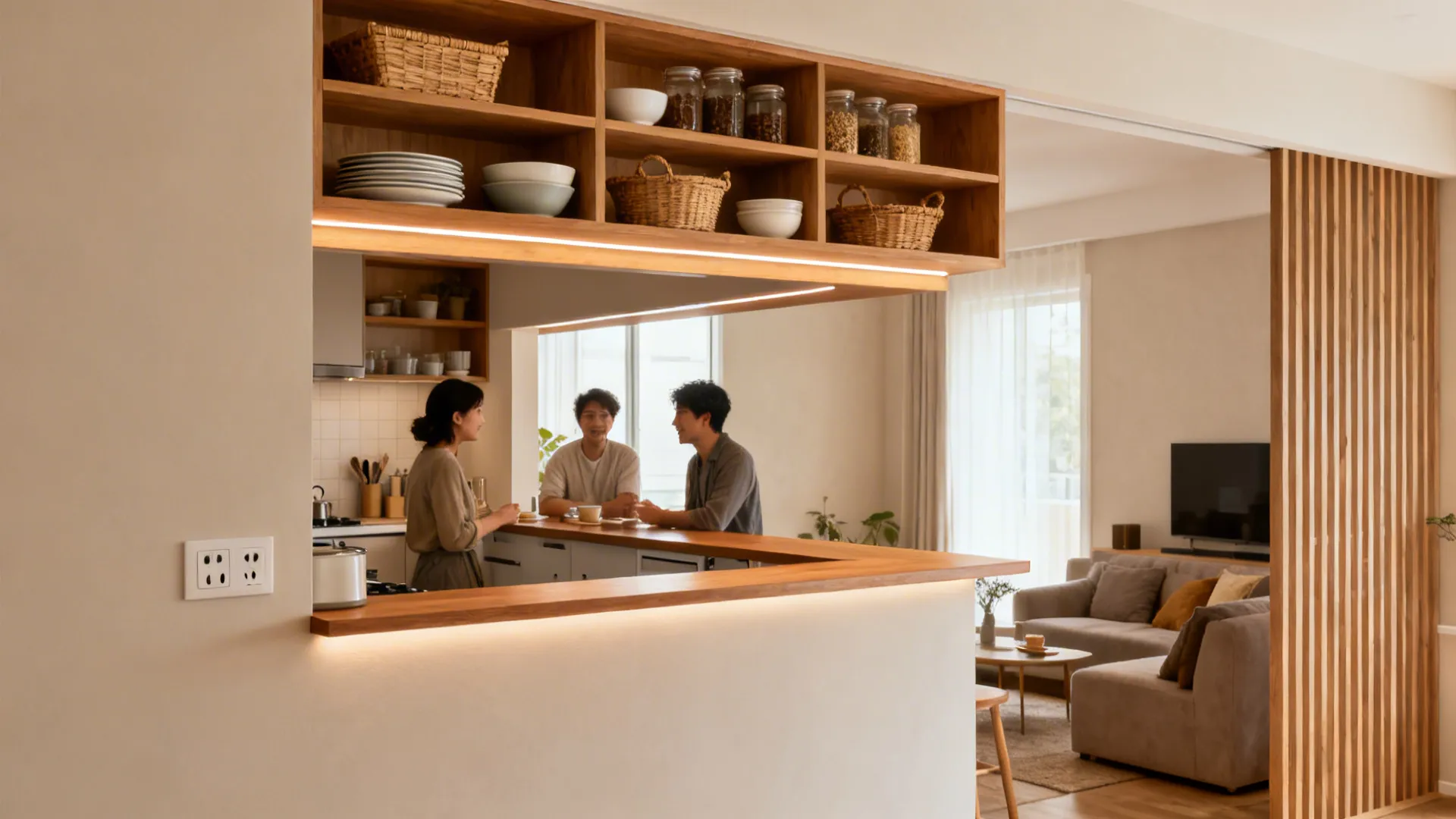 Half-Height Pony Wall With Open Shelving