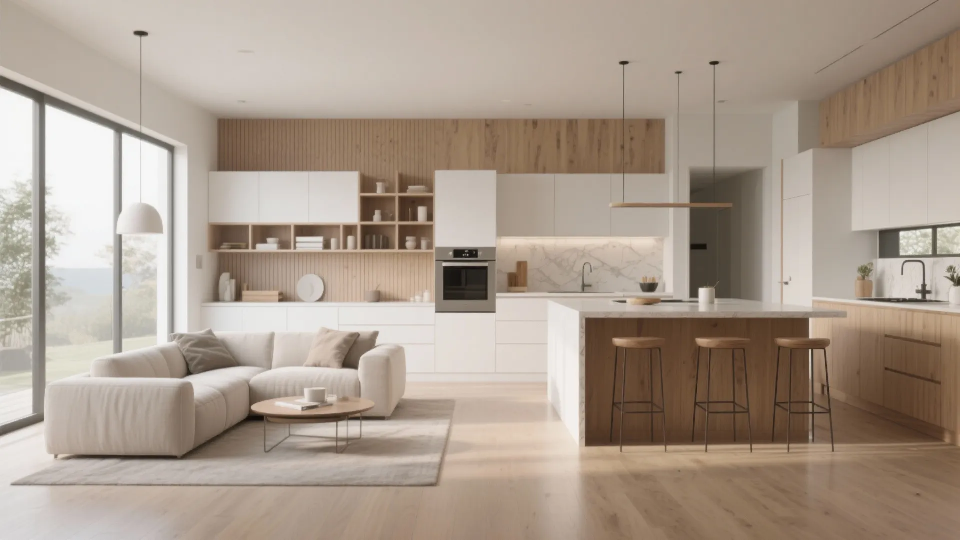 Pony wall with built-in storage dividing open kitchen and living room