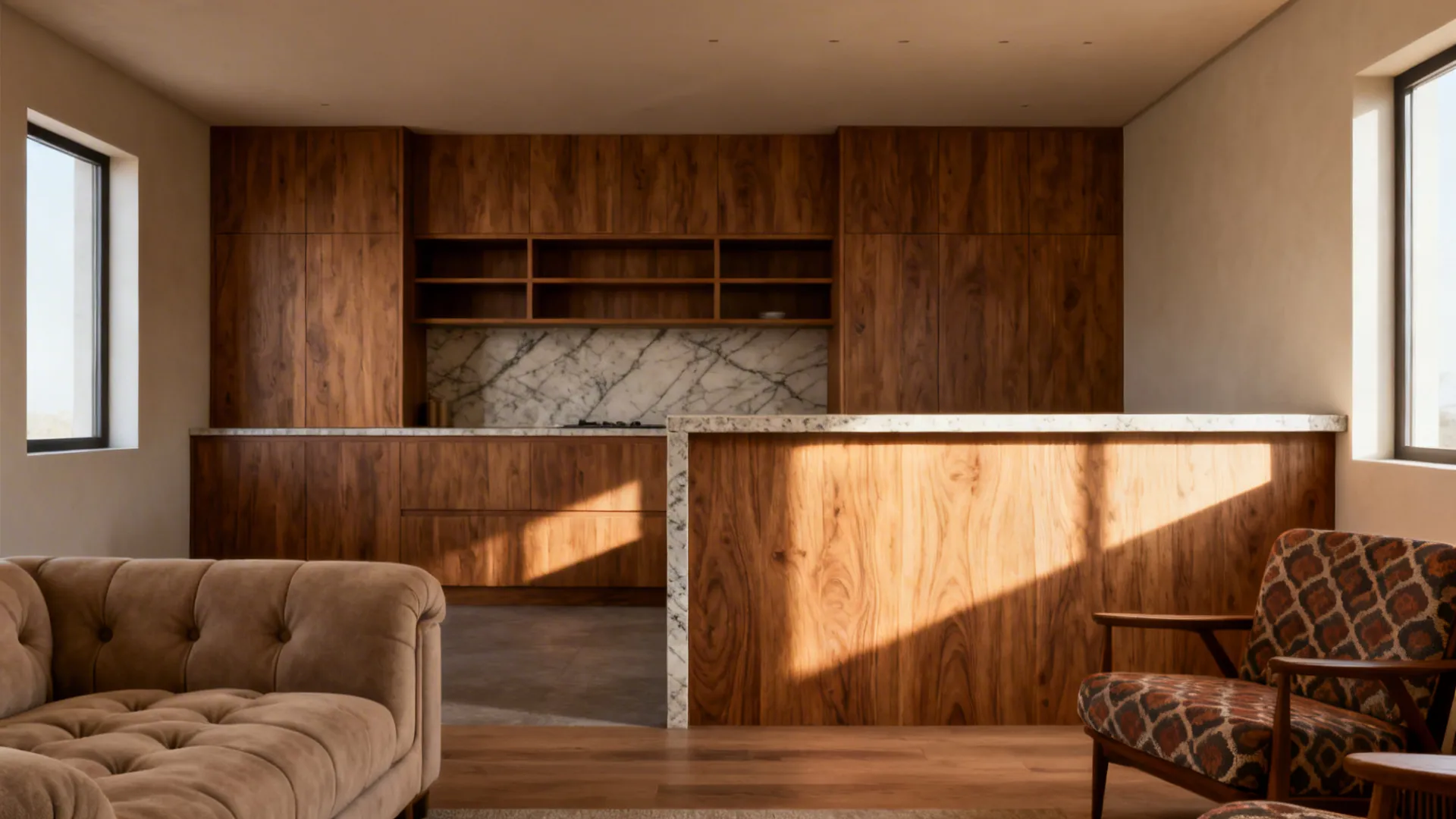 Half-height pony wall with shelving and countertop separating kitchen and living room while preserving light.