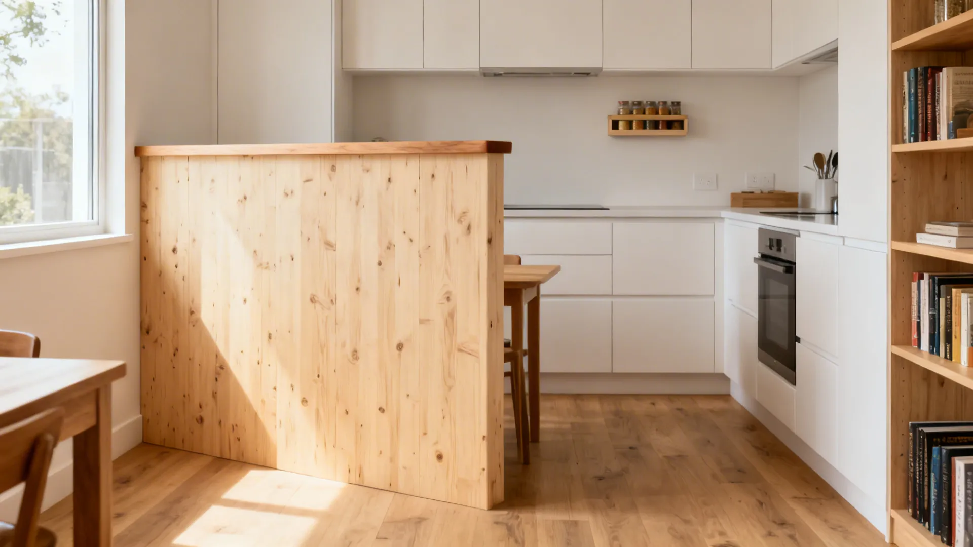 Half-height birch plywood pony wall adds shelving and separation in a small kitchen-dining space.
