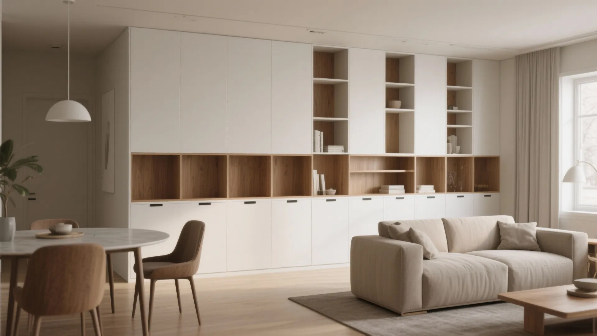 Modern living room with a large white storage cabinet wooden shelves beige sofa and dining table