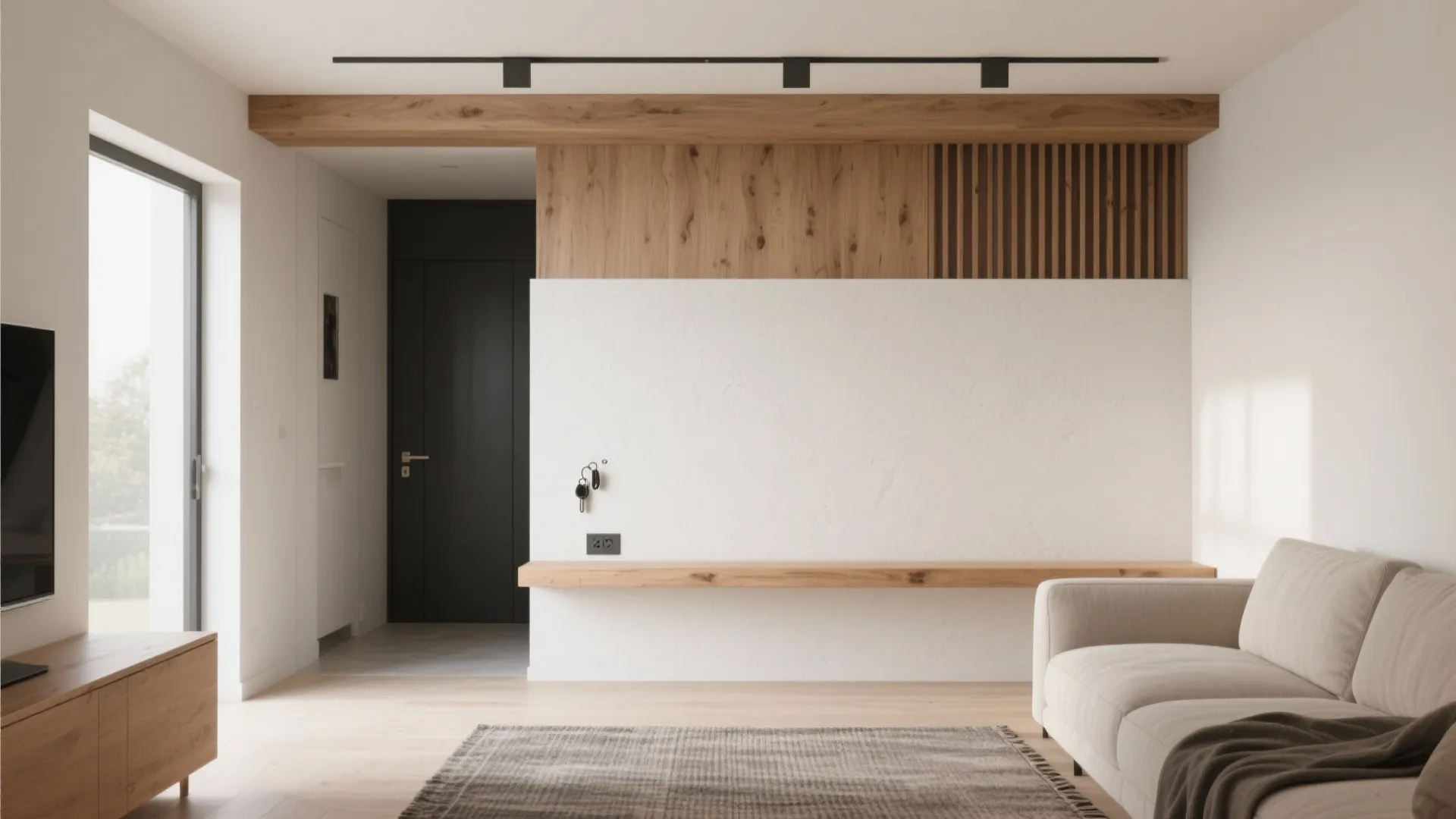 Modern living room with white wall panel wooden shelf beige sofa rug and black track lighting