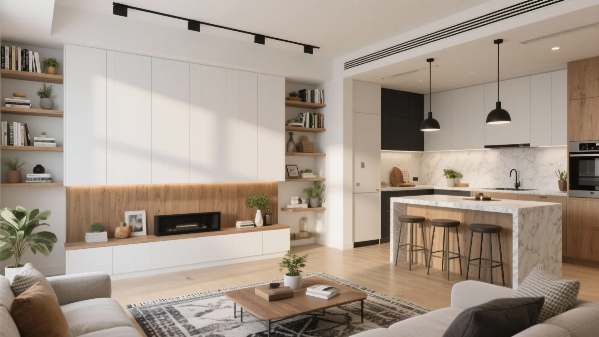 Open plan living room with white cabinets wooden shelves fireplace and kitchen island with stools