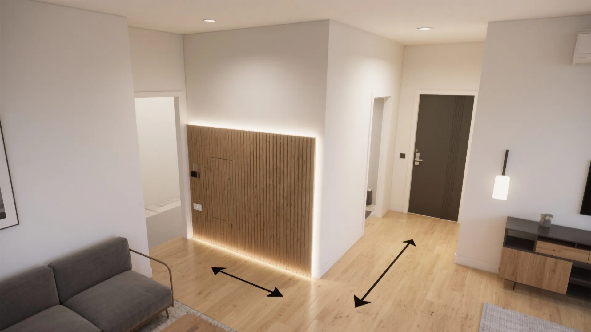 Interior design drawing showing a small room layout with wooden wall panels and black arrows