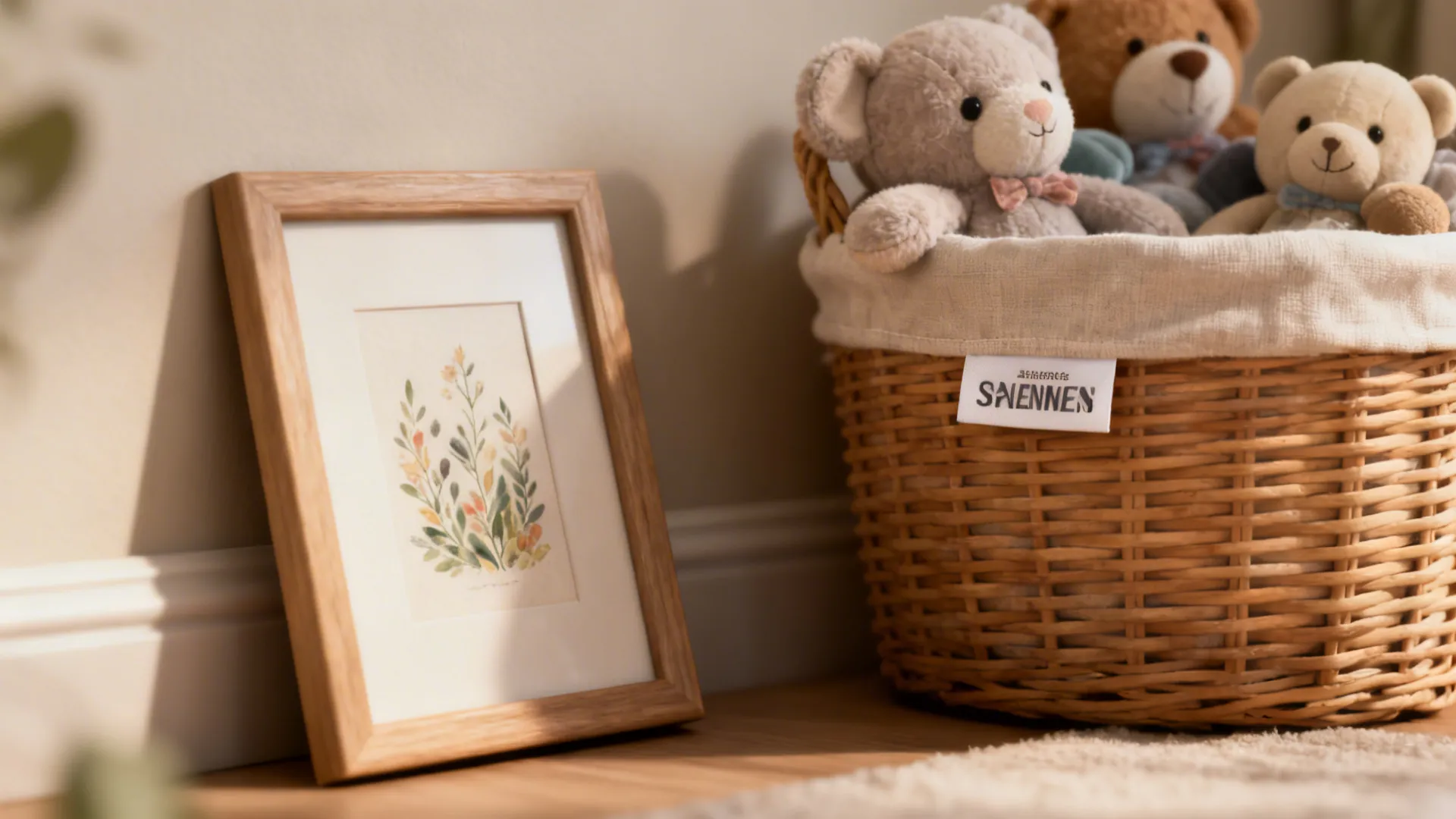 Close-up of framed print, soft toys, and washable textiles illustrating nursery FAQ topics.