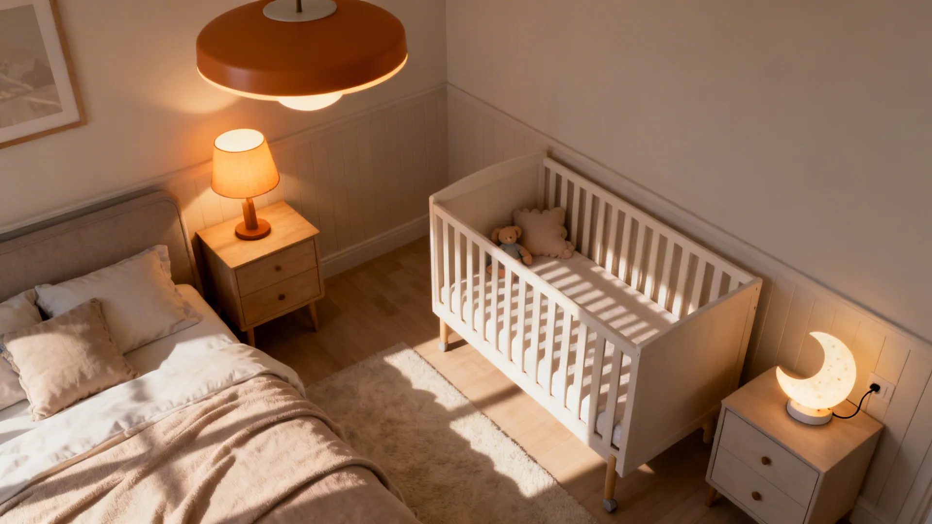 Top-down lighting plan showing dimmable overhead, bedside lamp, and moon-shaped nightlight placement in a nursery.