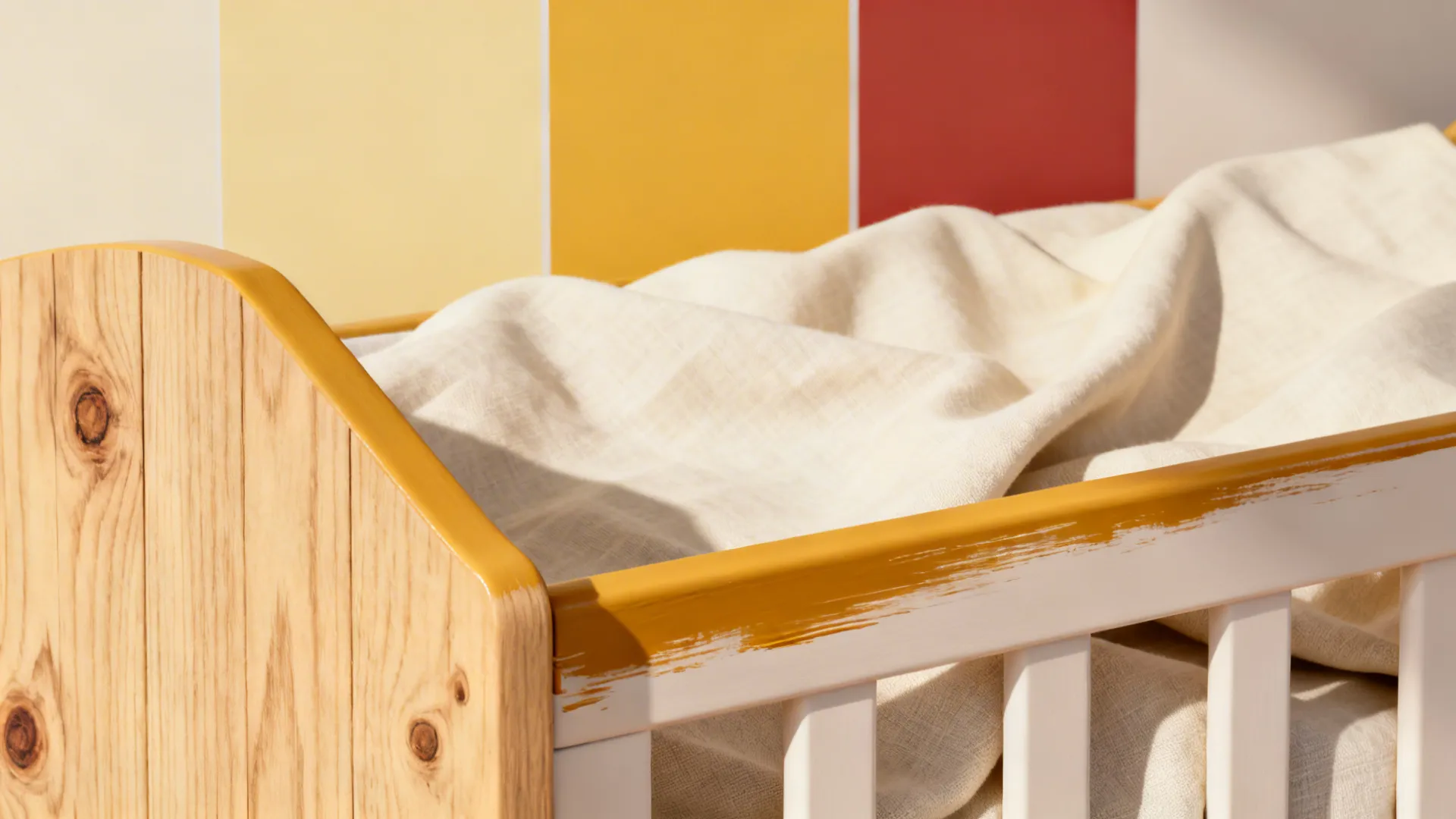 Color and material swatches showing warm cream, honey-yellow, muted red, and natural wood textures for a nursery.