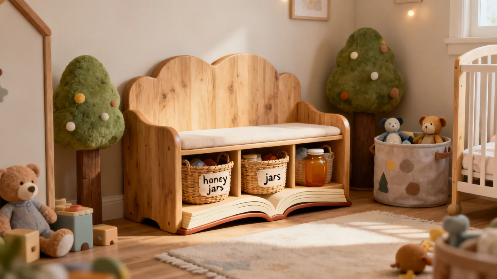 Multifunctional storybook bench and baskets labeled 'honey jars' providing playful hidden storage in a nursery.