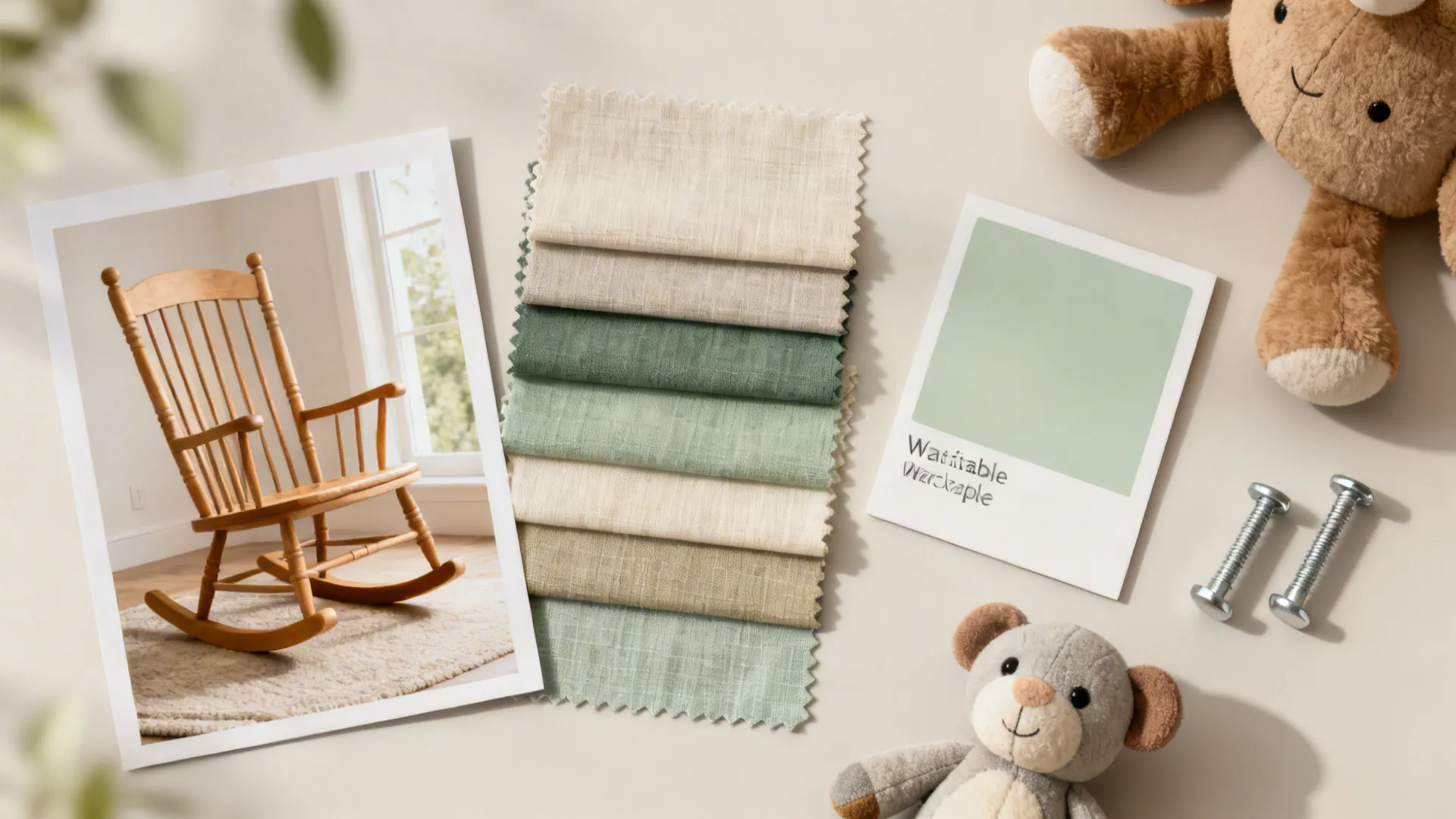 Flatlay of washable fabrics, non-toxic paint swatches, and safety hardware for a nursery.