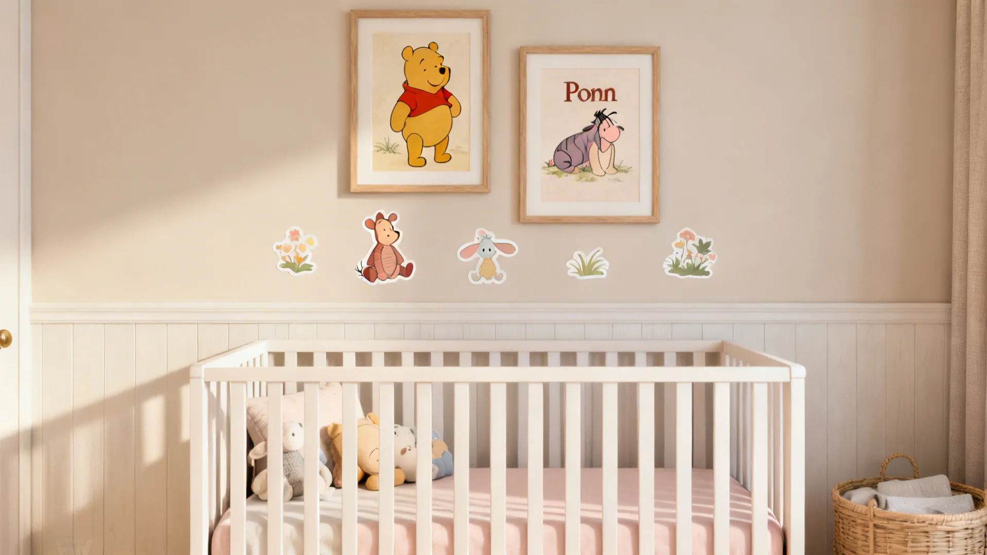 Nursery wall vignette with framed muted Pooh prints and a few removable decals above the crib.