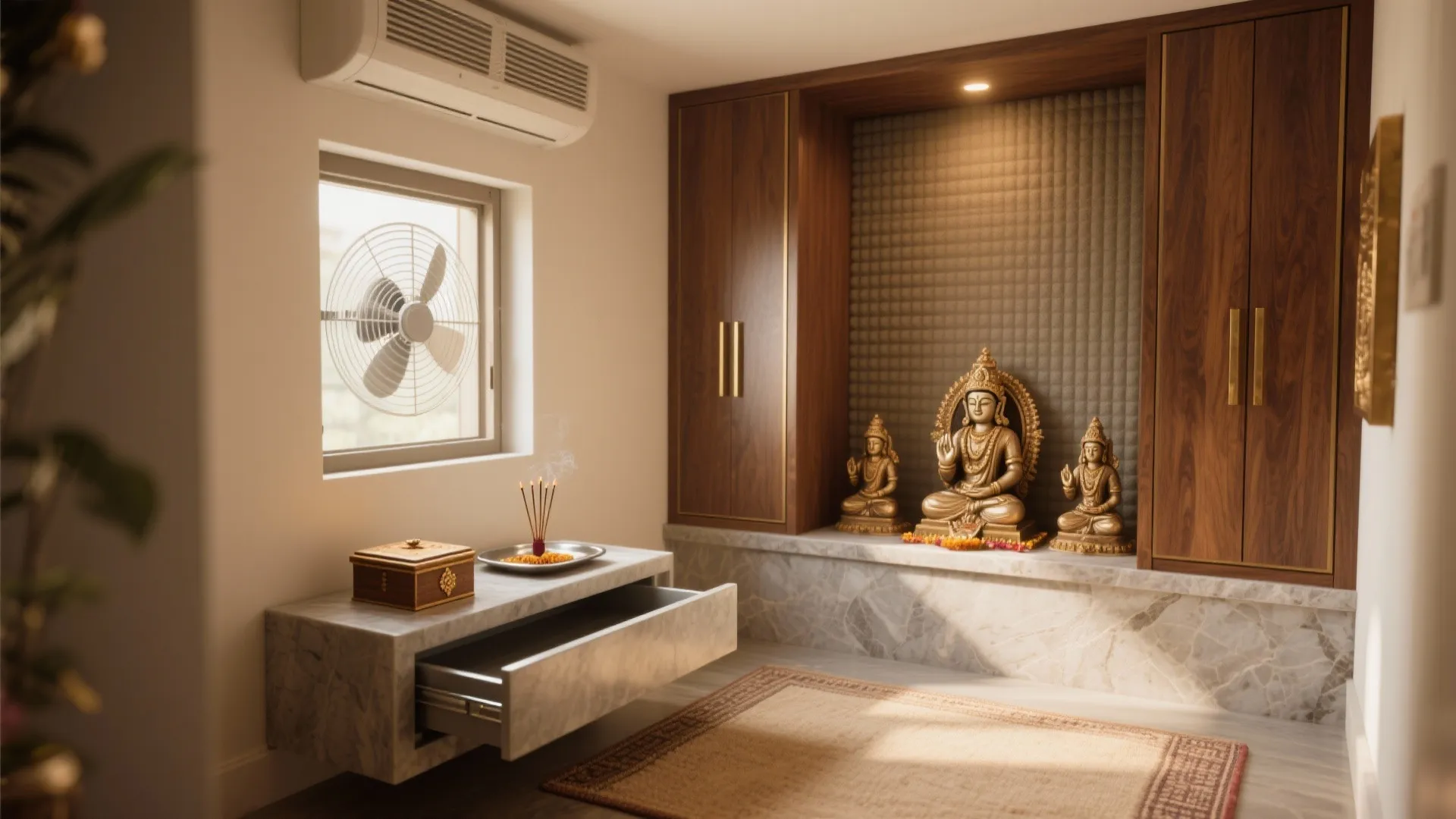 Modern prayer room design with wooden cabinets gold statues marble shelf rug and white wall fan
