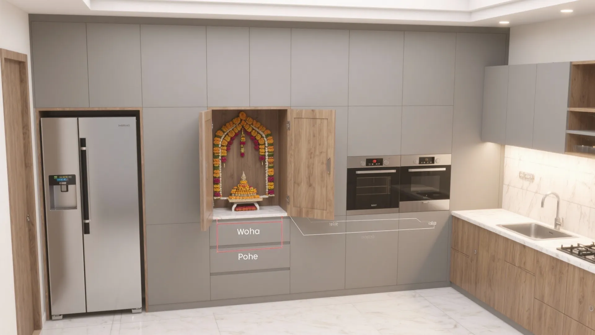 Modern kitchen with grey cabinets featuring a wooden prayer altar and integrated appliances with fridge