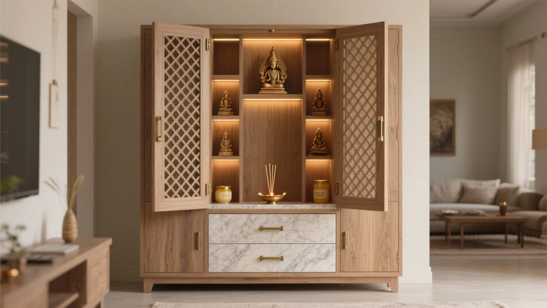 Freestanding Pooja Armoire With Lattice Doors