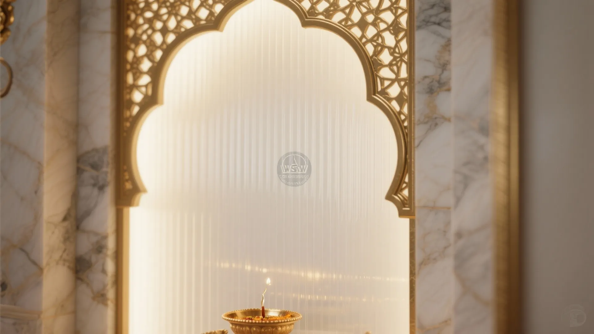 Translucent backdrop: glass, stone veneer, or brass jaali