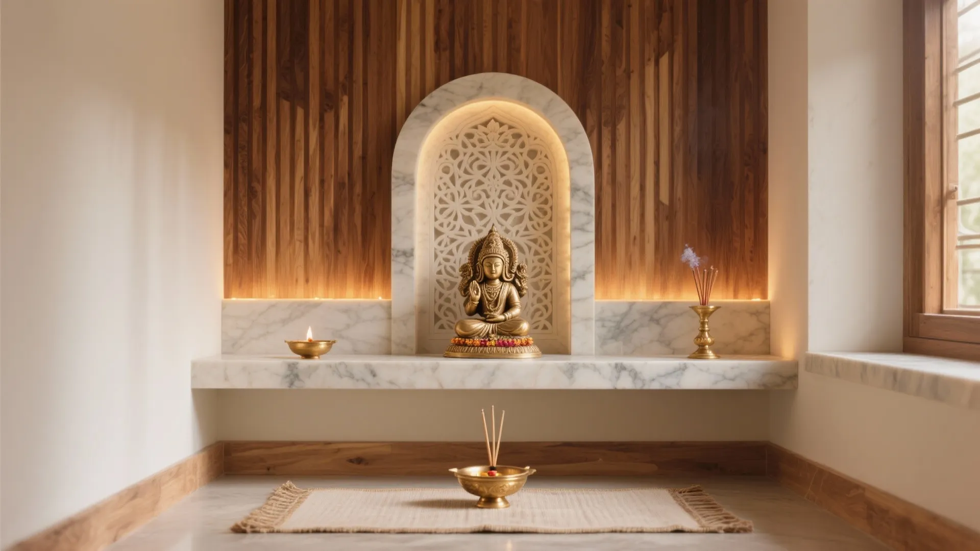 Traditional prayer room with a gold statue inside a marble arch and wooden wall panels