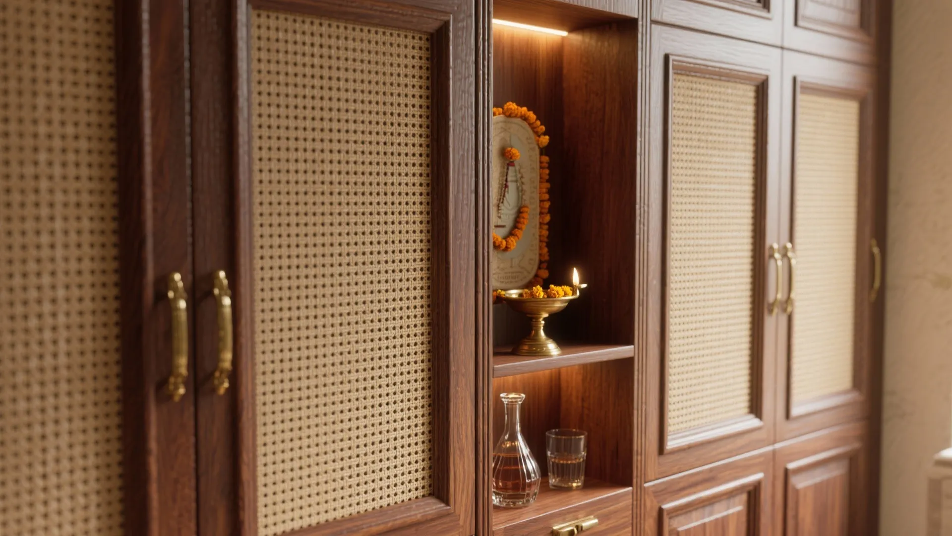 Built-In Storage Wall with a Concealed Bar or Pooja Niche