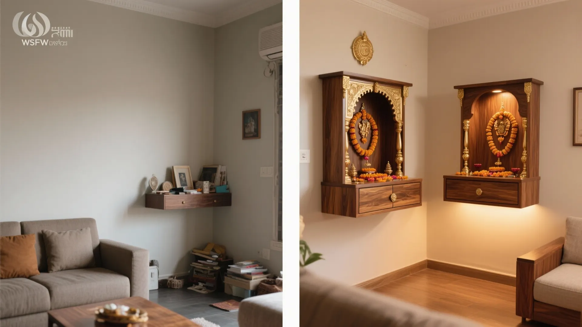 Before-and-after of a small corner turned into a teak and brass pooja mandir.