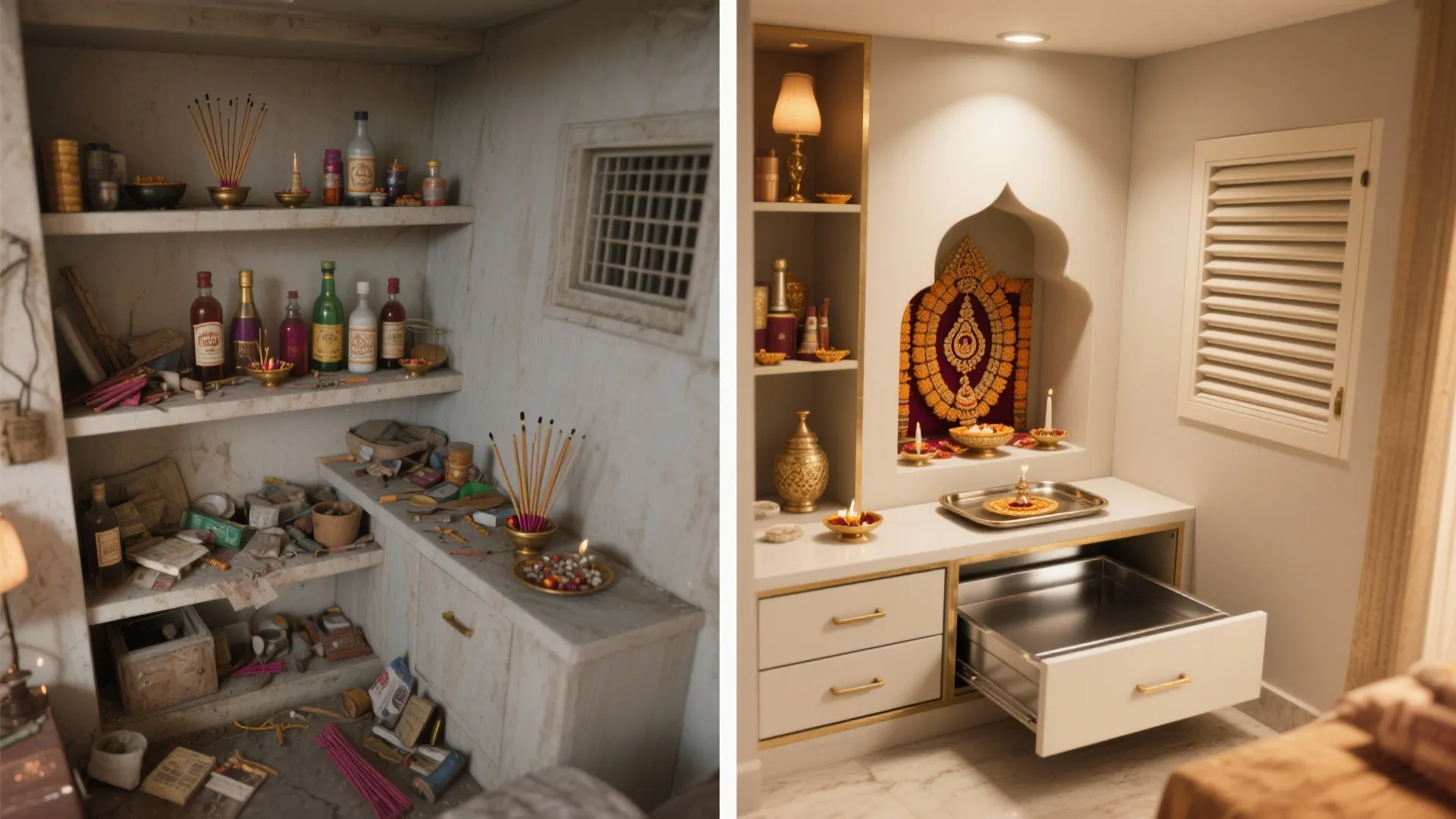 Before and after comparison of a messy storage shelf versus a clean organized prayer cabinet