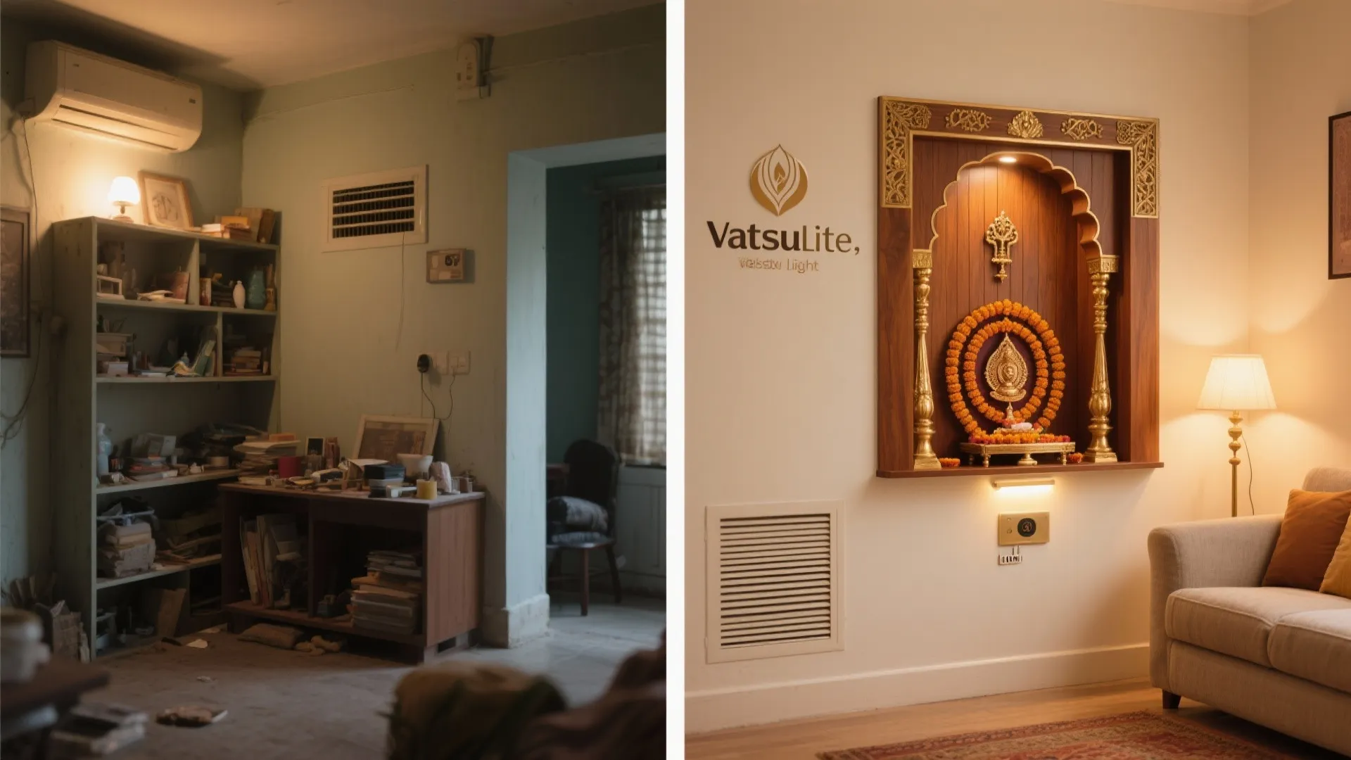 Before and after comparison of a messy storage room turned into a clean modern shrine