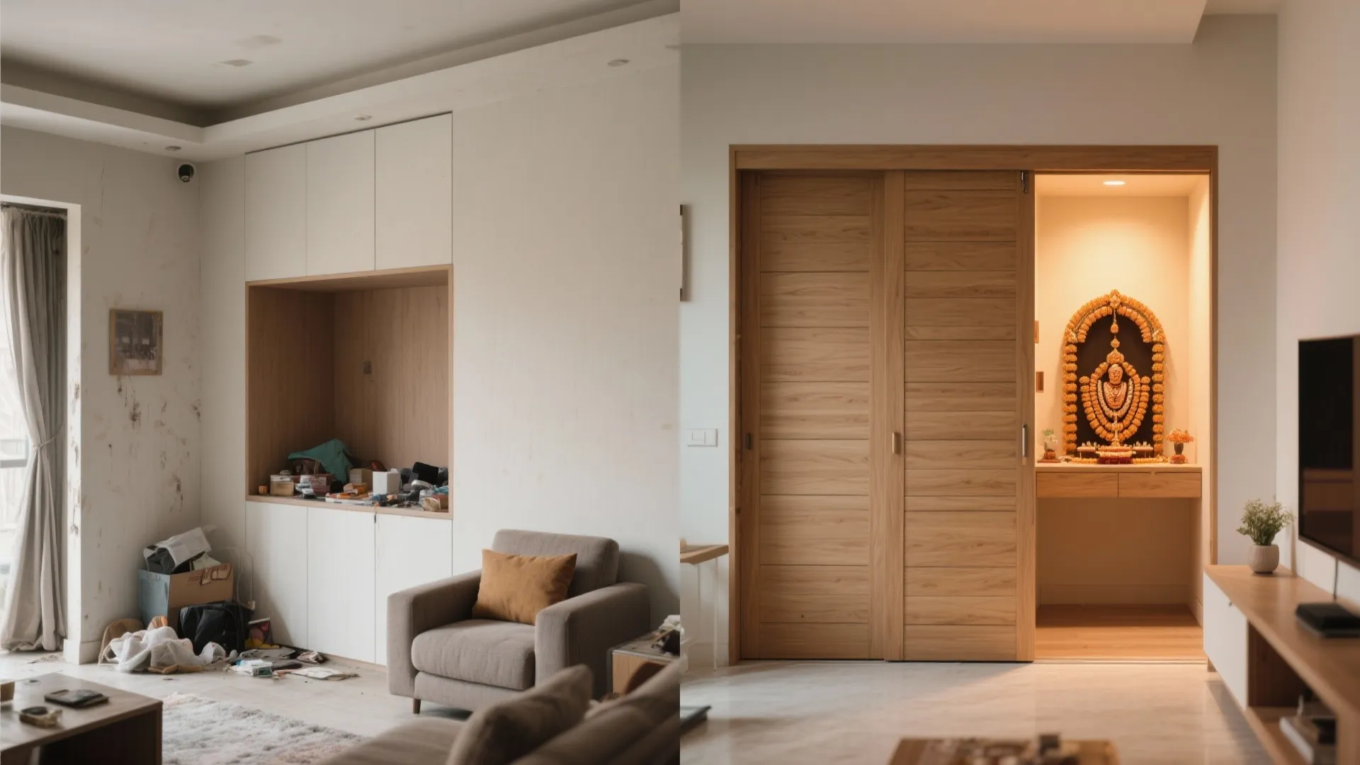 Before and after comparison of a messy living room versus a clean organized prayer room