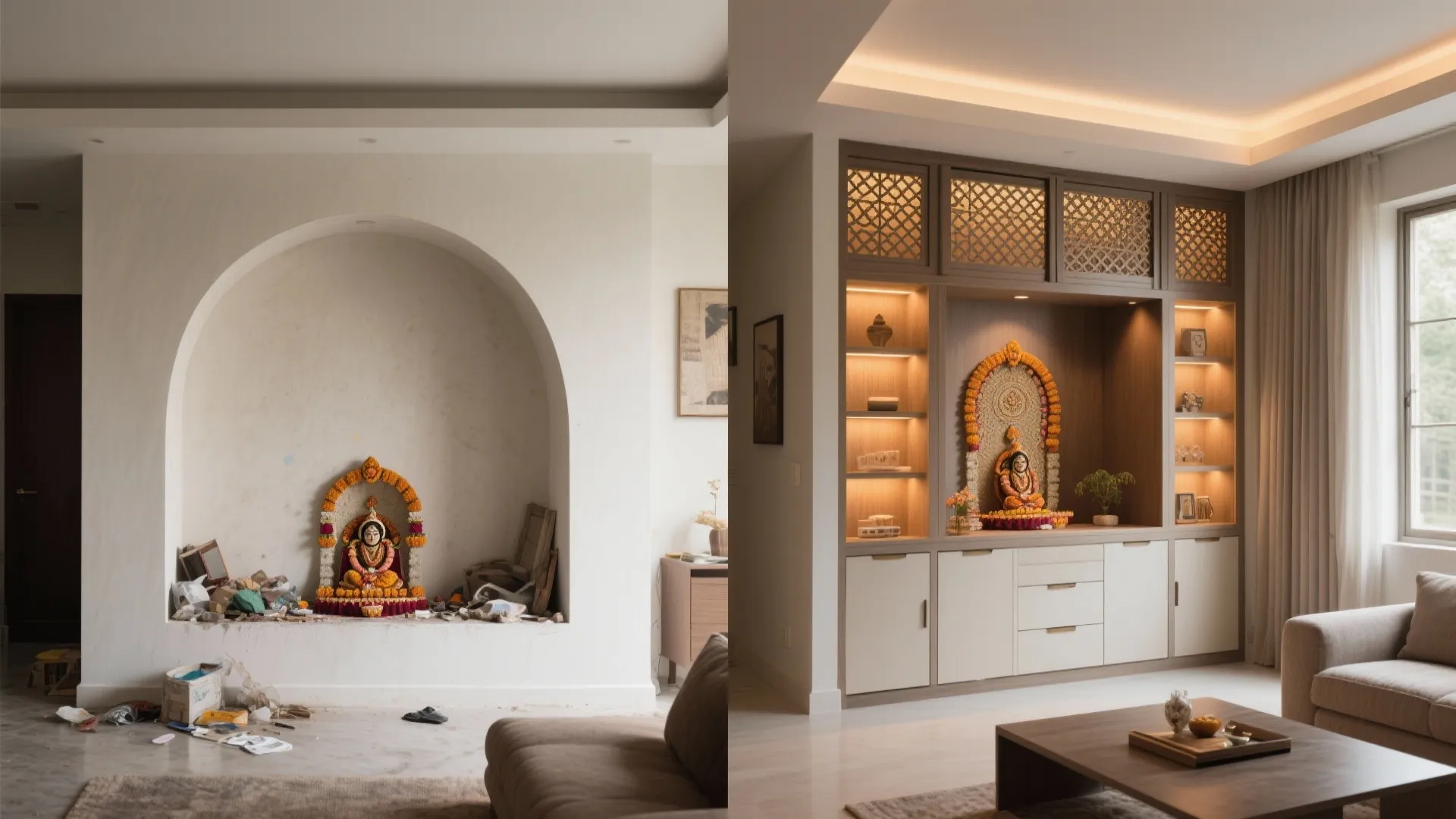 Before-and-after of a living room niche turned into a serene pooja corner with jali screens.
