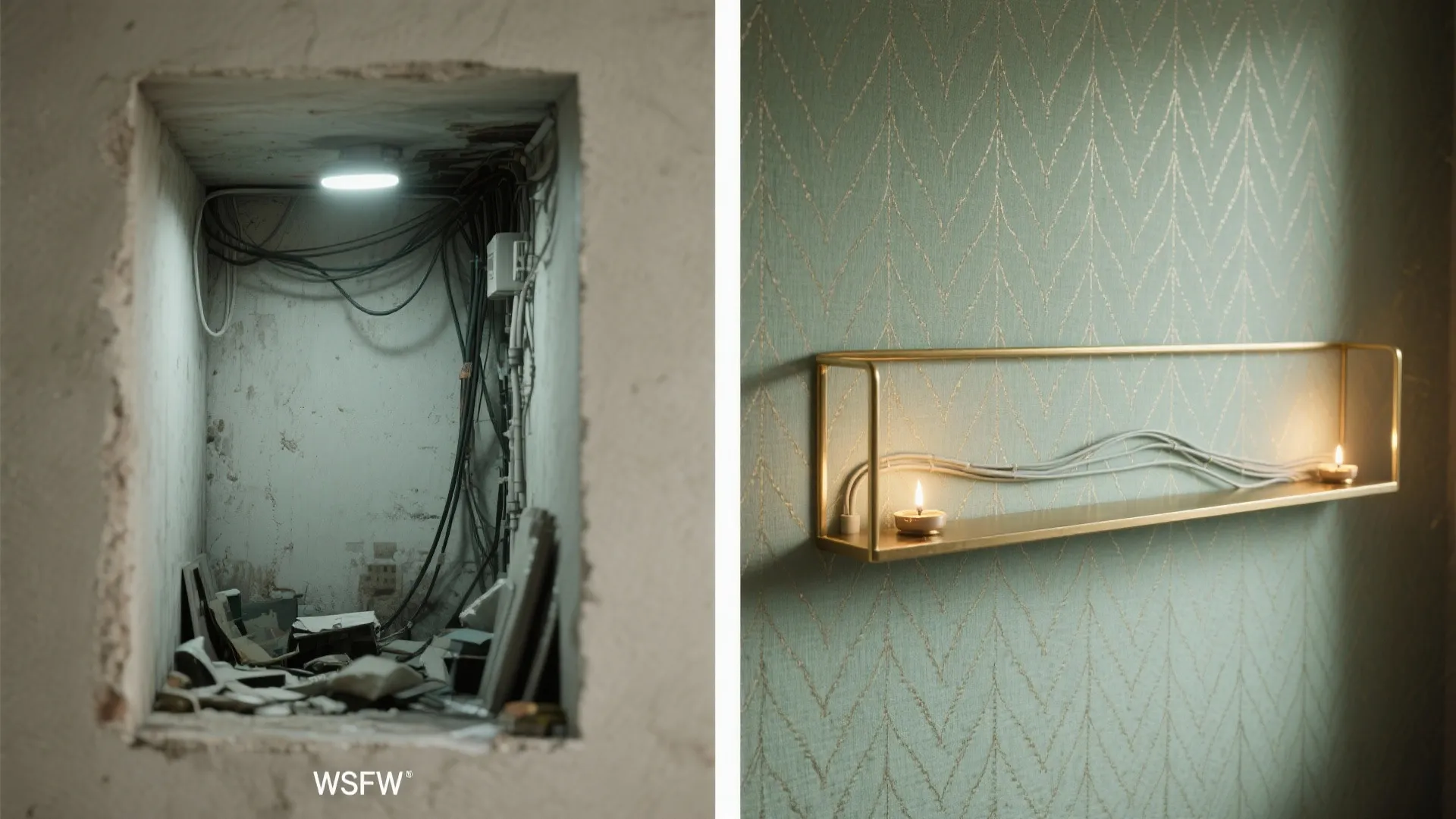 Before and after comparison showing messy utility wall niche versus finished gold shelf with candles