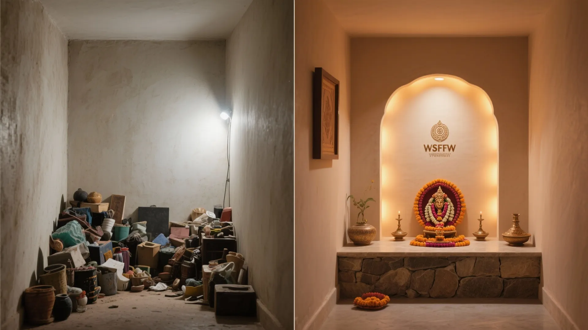 Before-and-after of a small corner transforming into a serene, well-lit pooja nook.