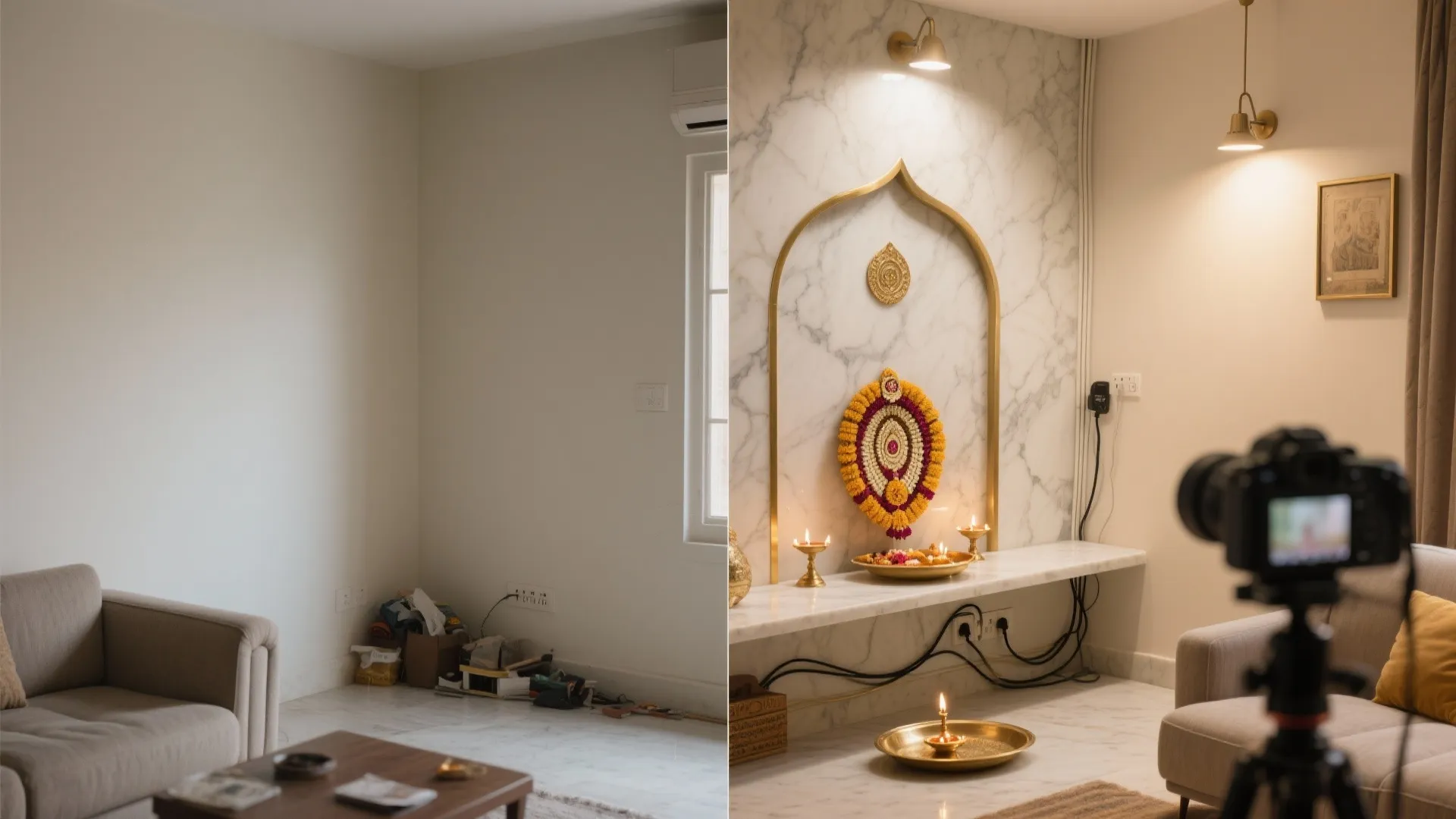 Before-and-after of a small corner transformed into a marble pooja space with warm lighting and brass accents.
