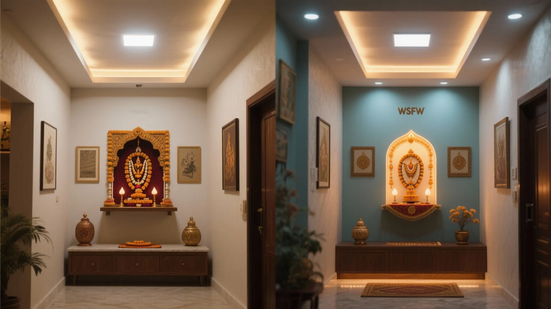 Before and after comparison of a prayer room renovation from white walls to blue accent