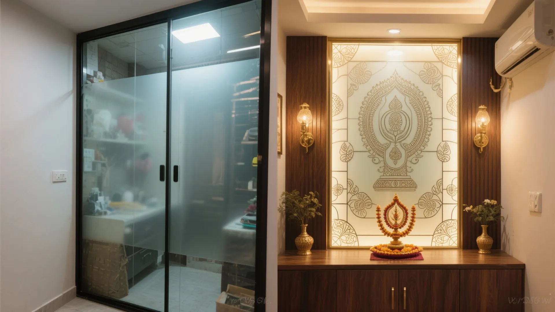 Before-and-after of a compact corner transformed by etched glass into a serene pooja nook.