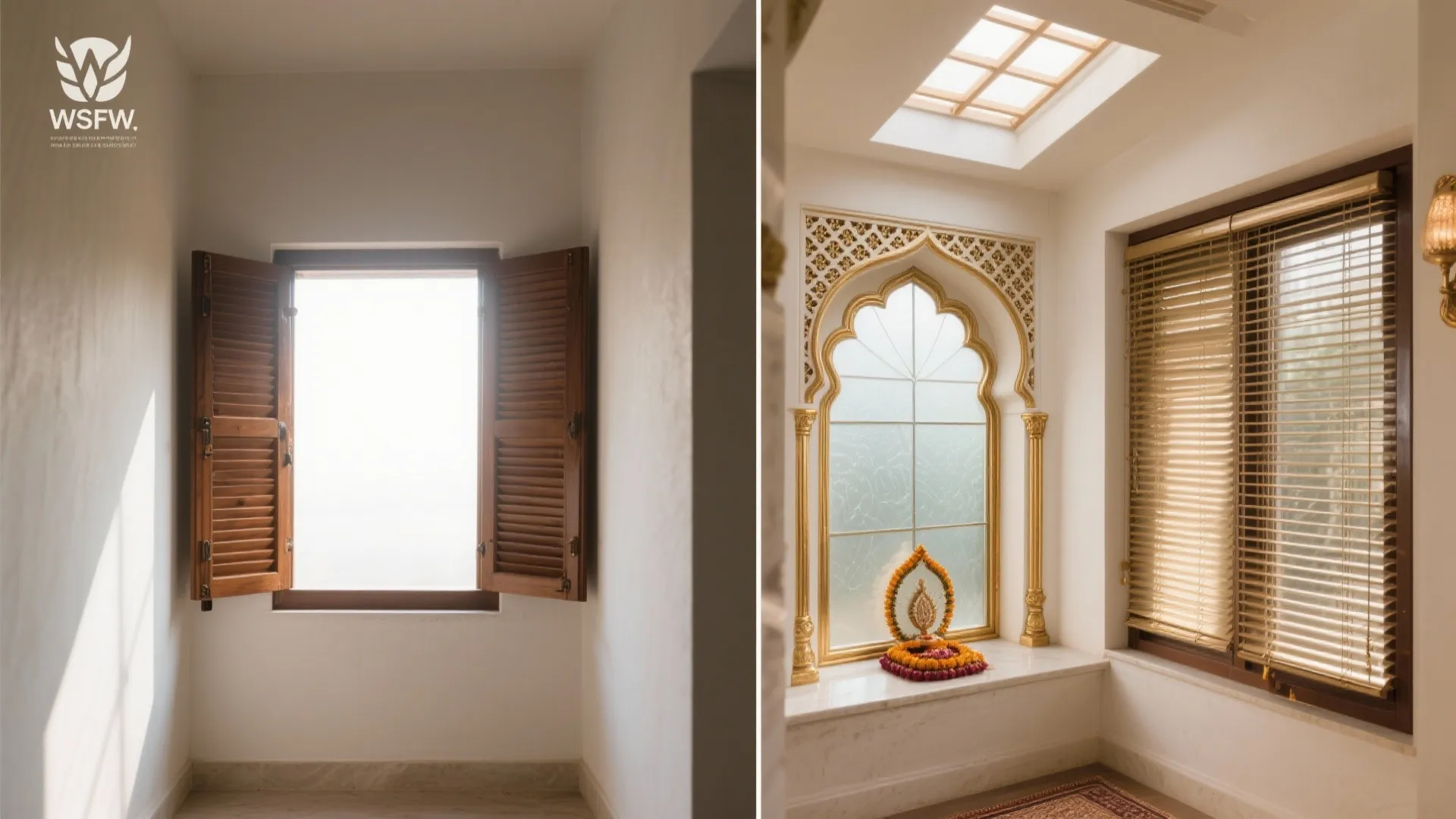 Before-and-after of a pooja corner showing improved light and privacy with window upgrades.