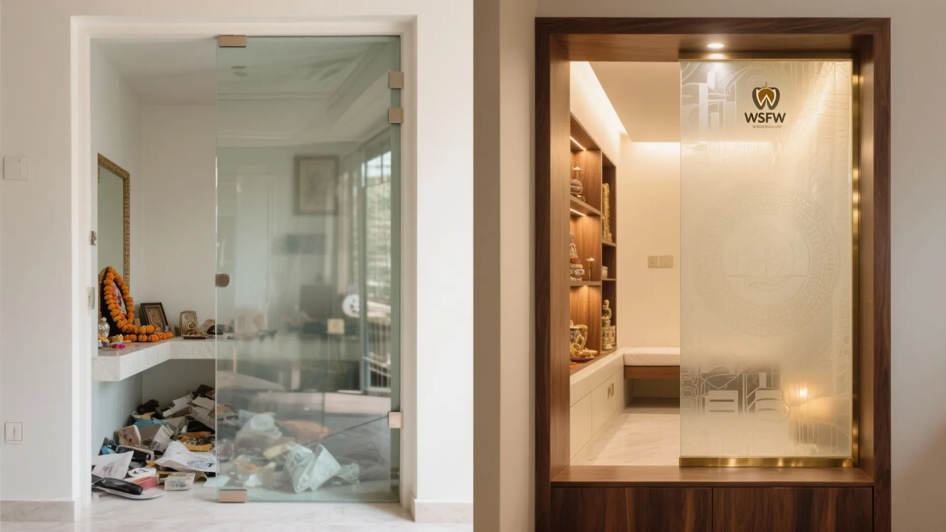 Before and after of a compact pooja corner showing clear glass versus etched glass with warm layered lighting.