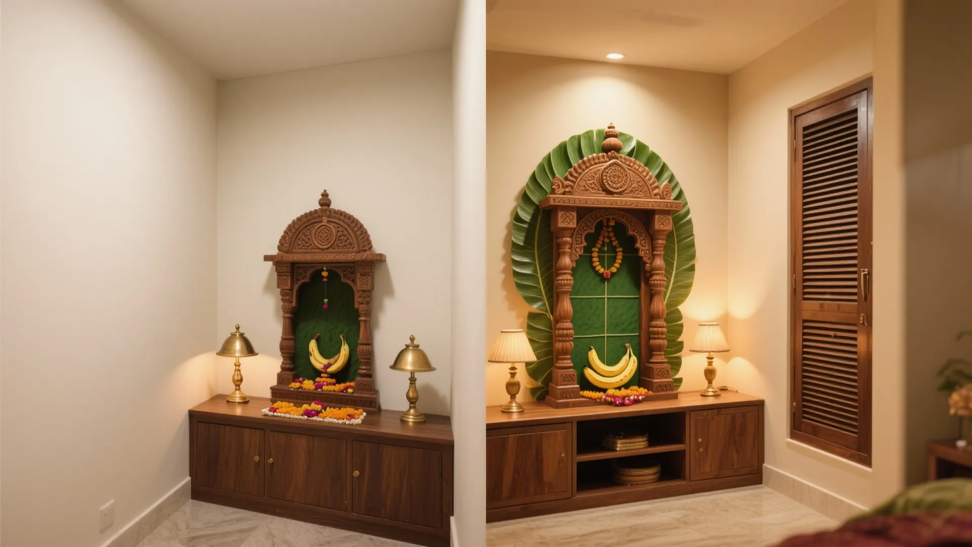 Before and after comparison showing a simple wood cabinet transformed with a large green leaf