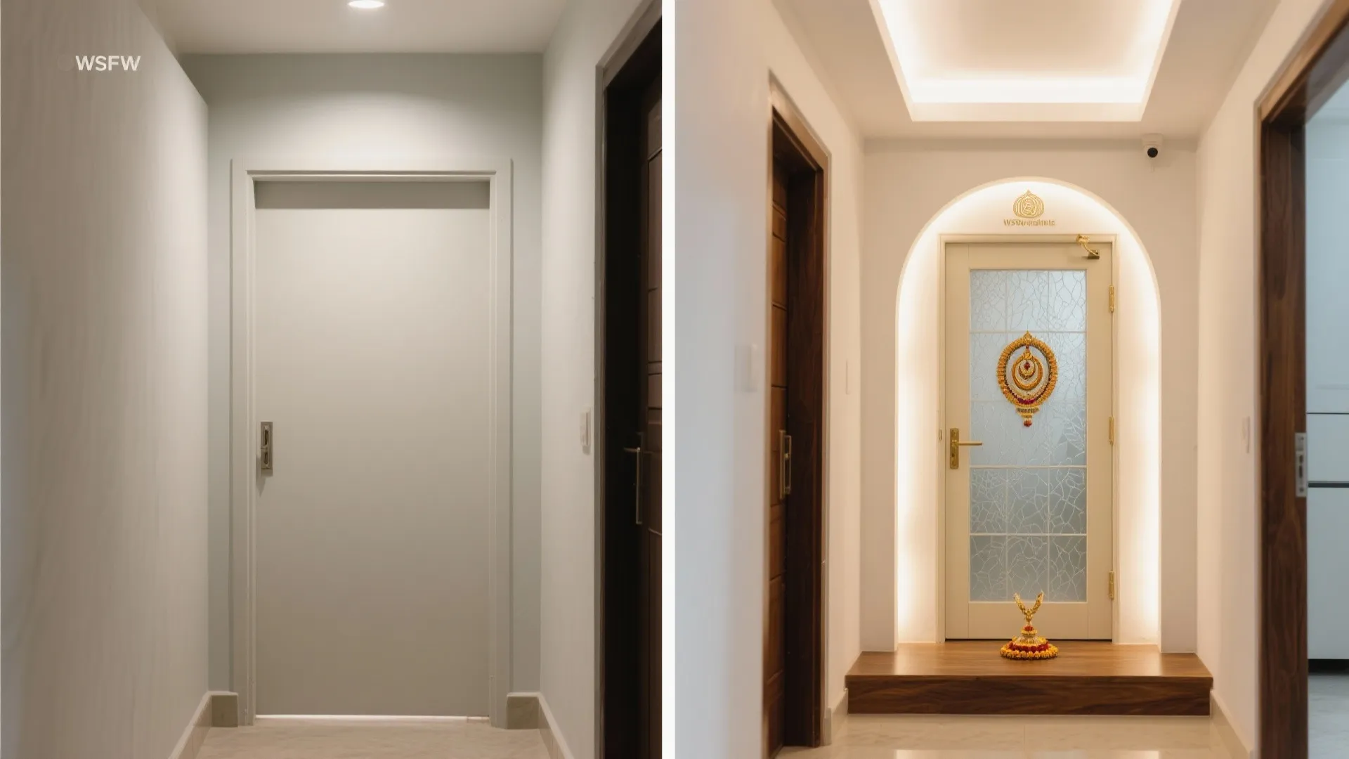 Before and after of a corridor updated to a serene pooja entrance with wood, light, and brass.