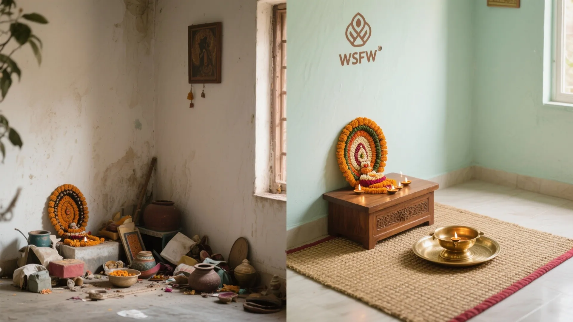 Before: cluttered corner; After: calm floor-seated pooja with teak plinth and brass accents.
