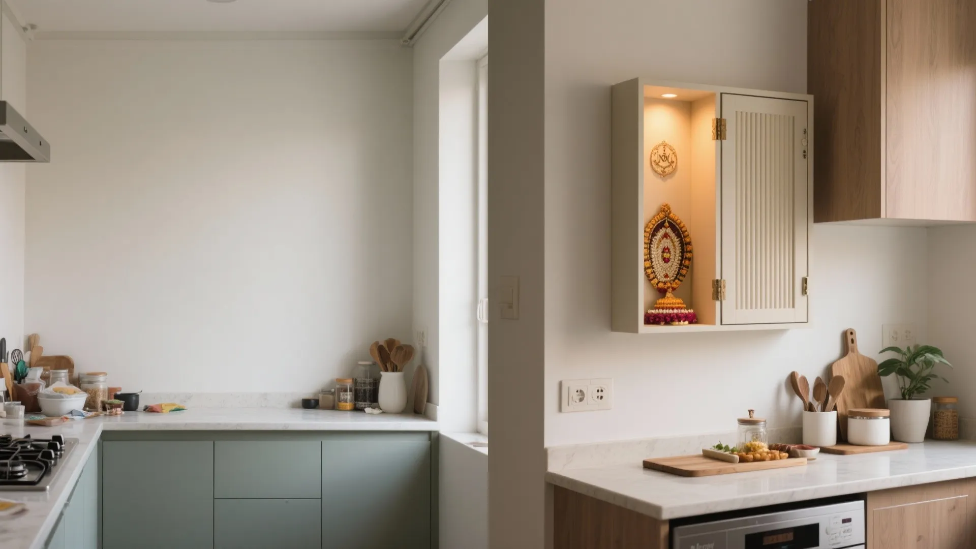 Minimal wall-mounted pooja niche beside the prep zone