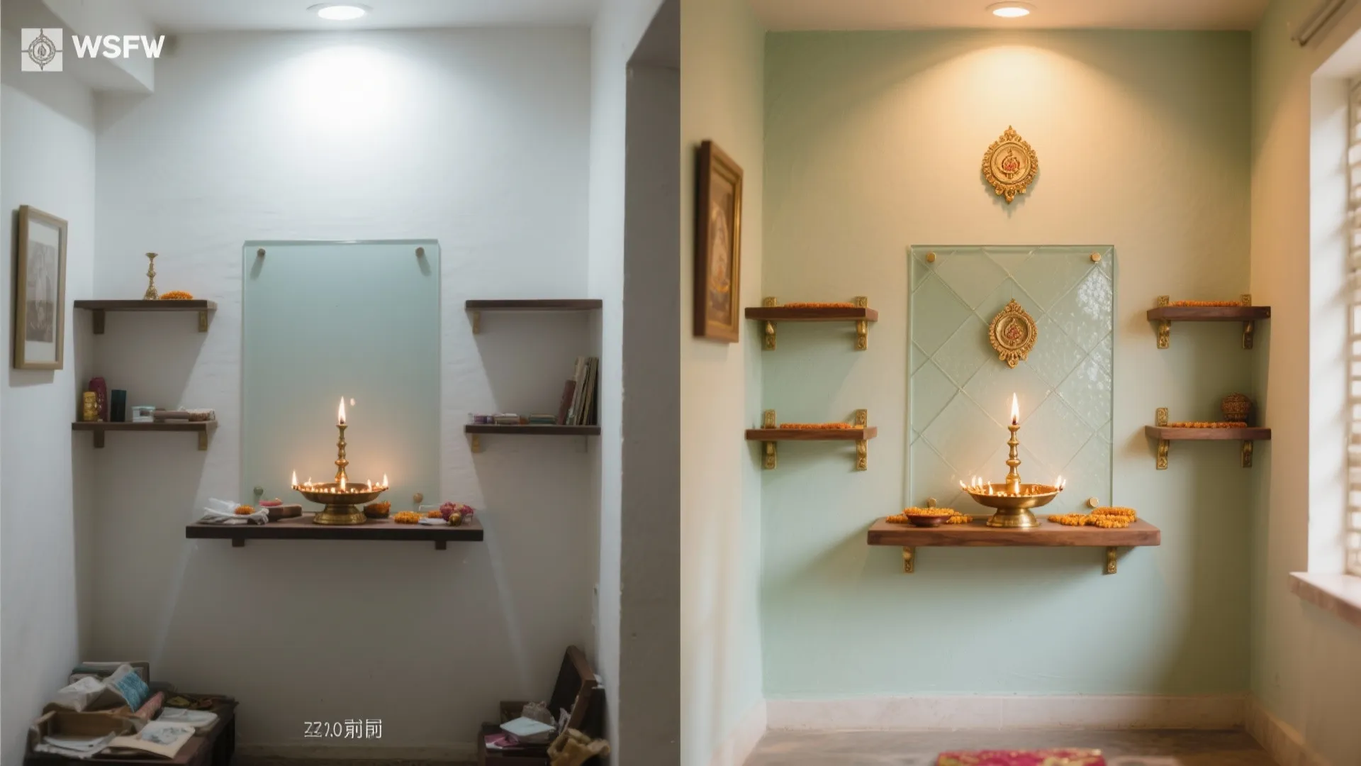 Before-and-after of a tiny pooja corner showing cool white cluttered space transformed with warm tones and lighting.