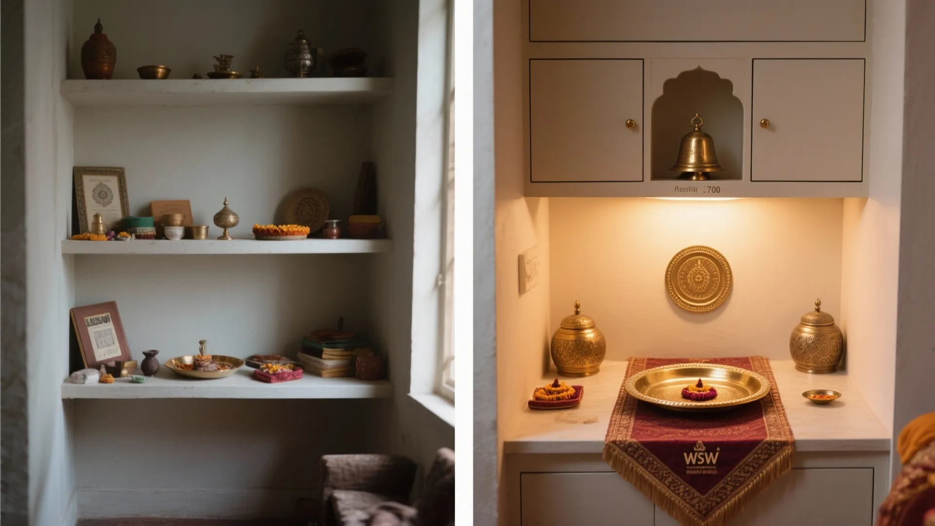 Layered Ritual Surface: Thali, Runner, and Bell Shelf
