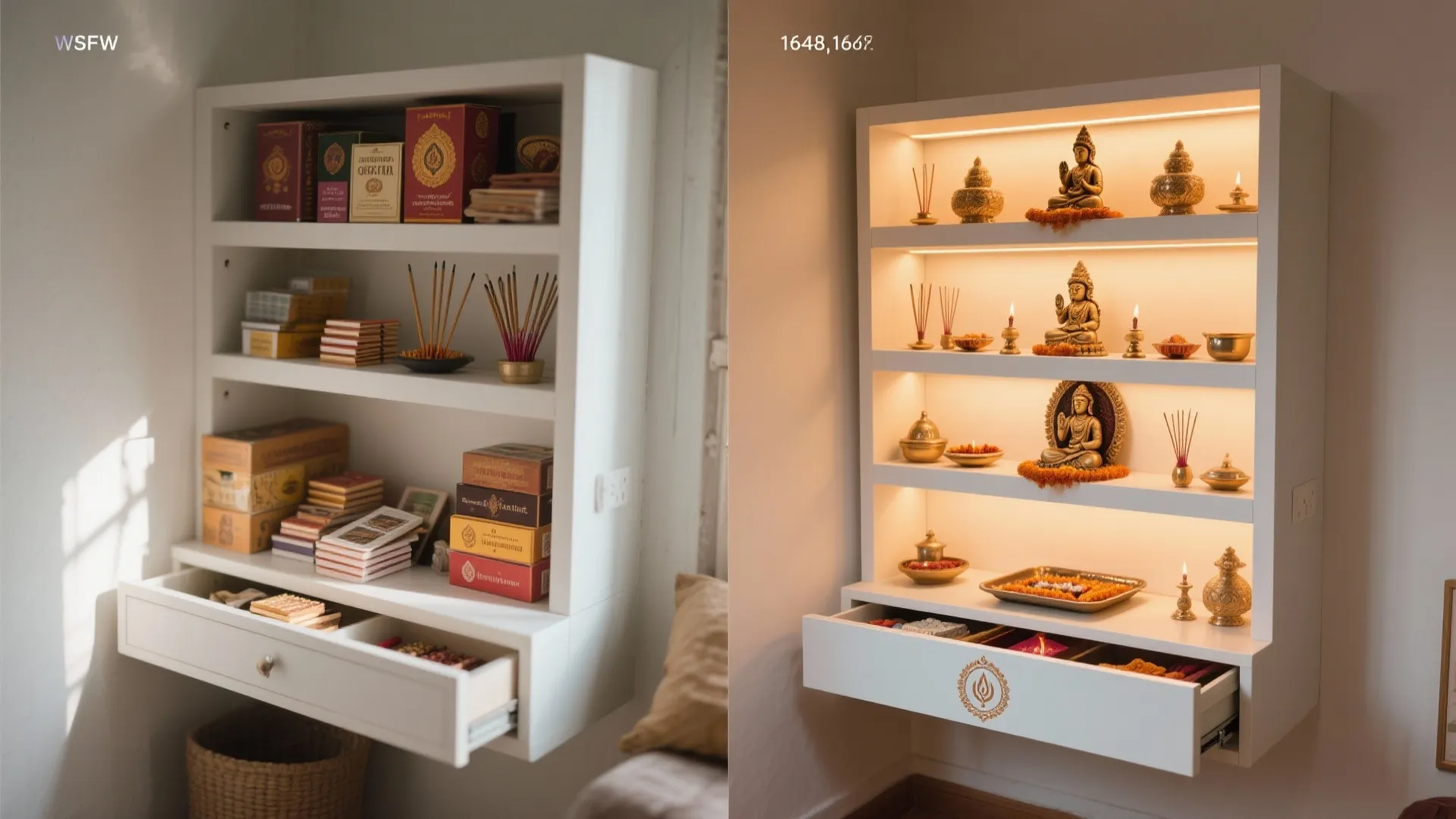 3) Floating shelves + concealed drawer to banish clutter