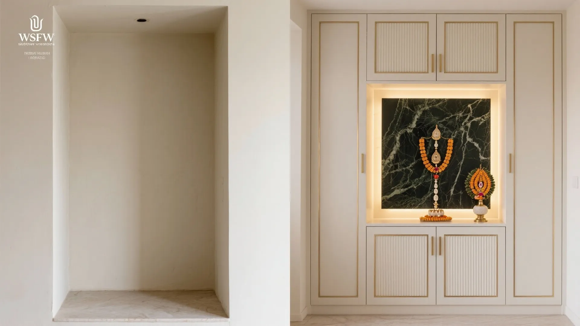 Minimalist Pooja Cupboard With Fluted Doors and Backlit Panel