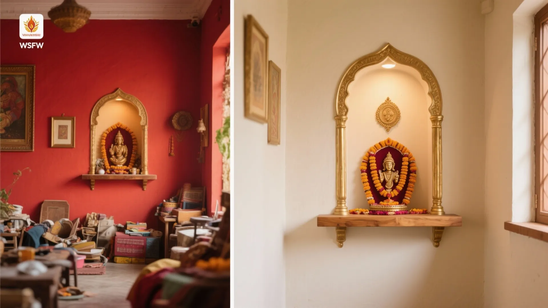 Side by side interior design drawing comparison showing messy red room versus clean cream prayer room