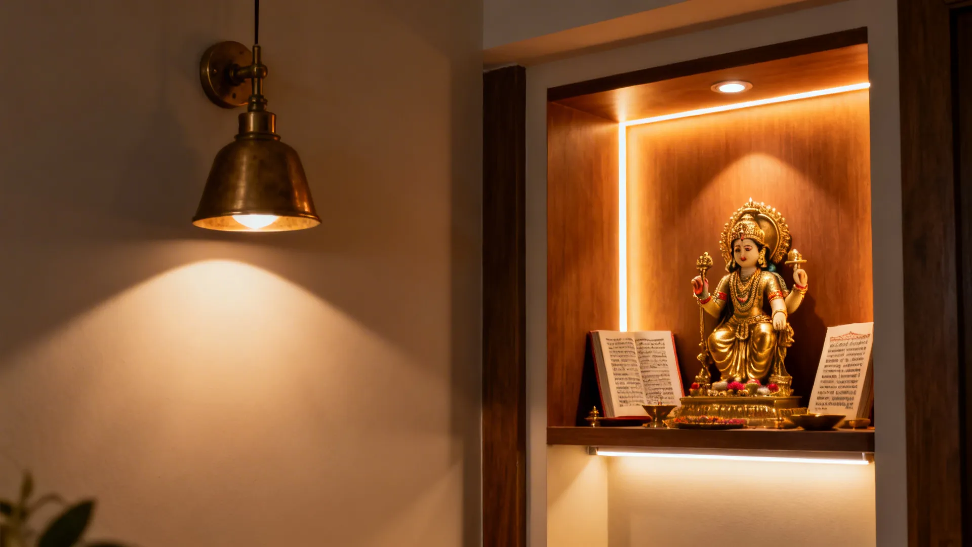 Before and after comparison of a pooja corner from flat lighting to layered warm lighting.