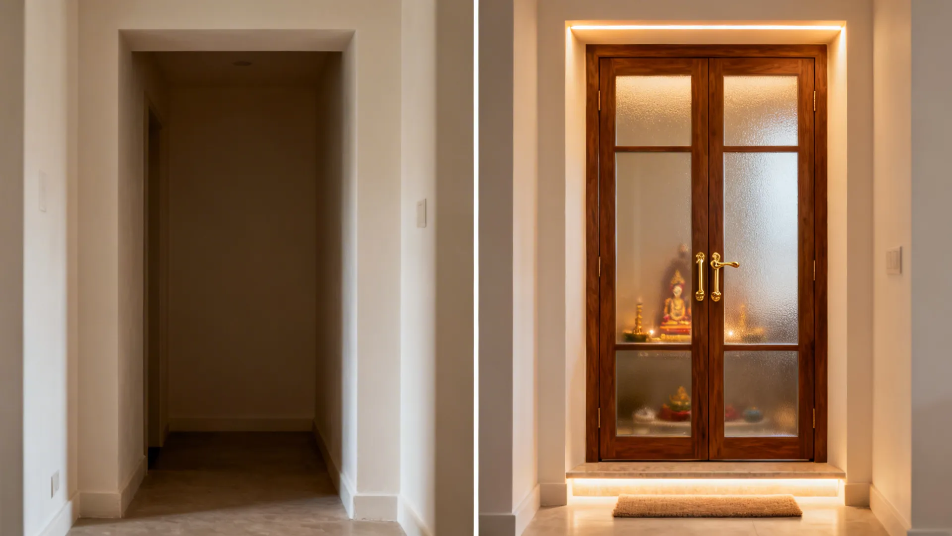 Before-and-after of a hallway niche transformed with a frosted glass-and-wood pooja door