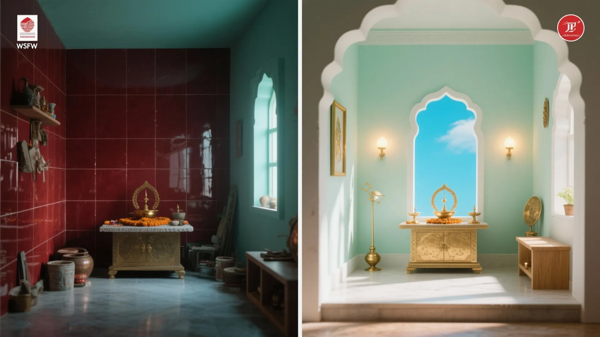 Before and after comparison of a dark prayer room versus a bright light green room