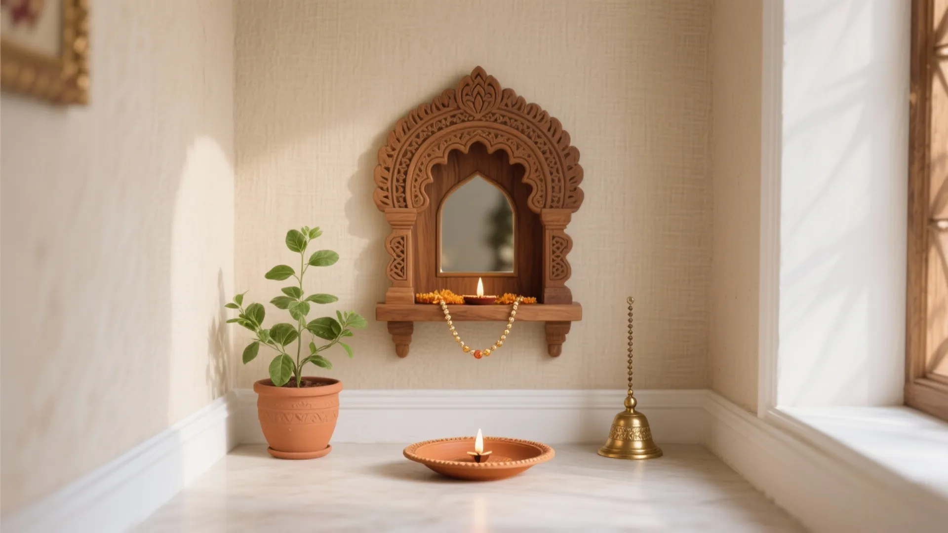 Small wooden wall shrine with mirror orange flowers green plant gold bell and oil lamp light