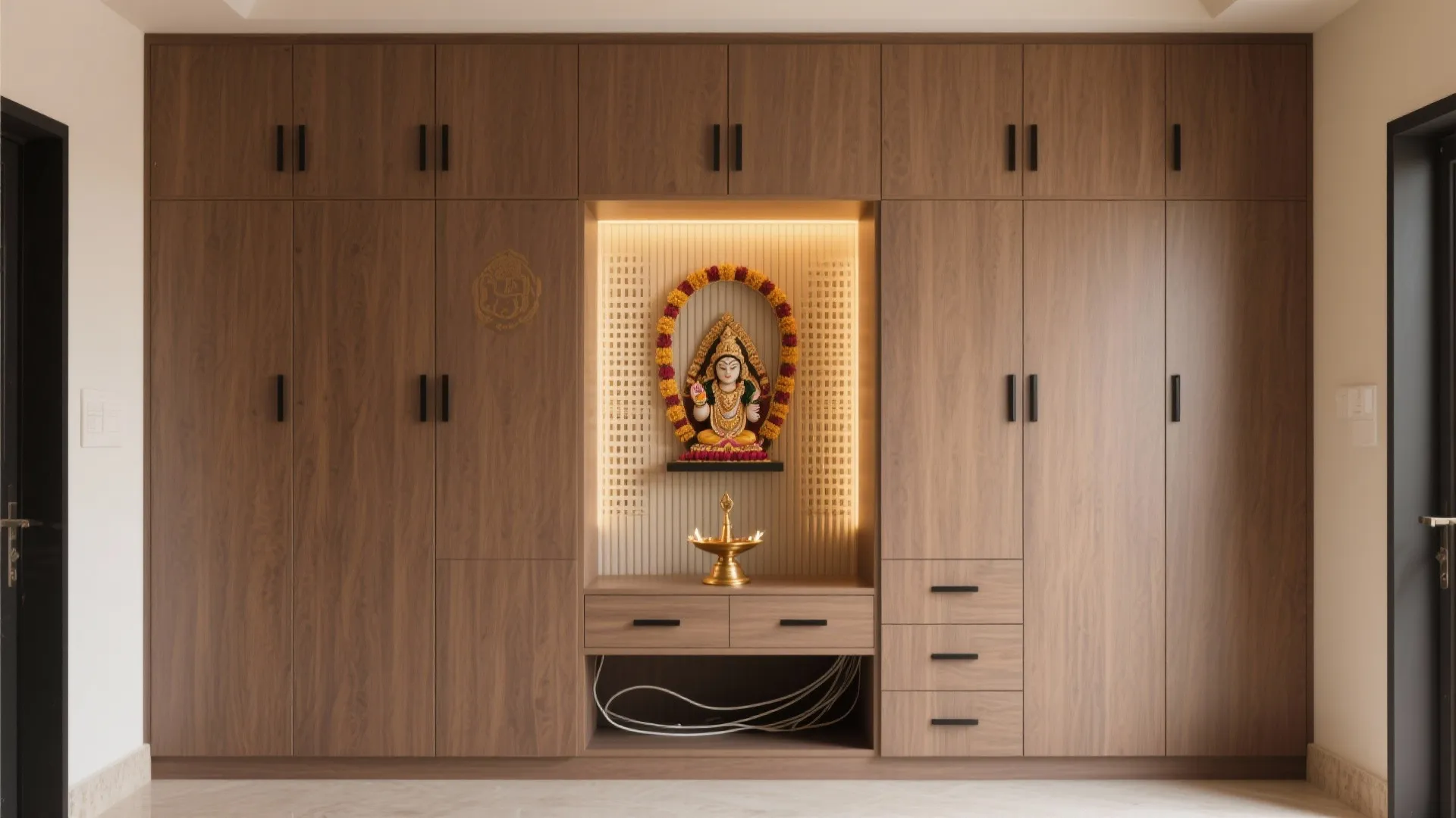Wall-to-wall built-in with a pooja niche and hidden drawers