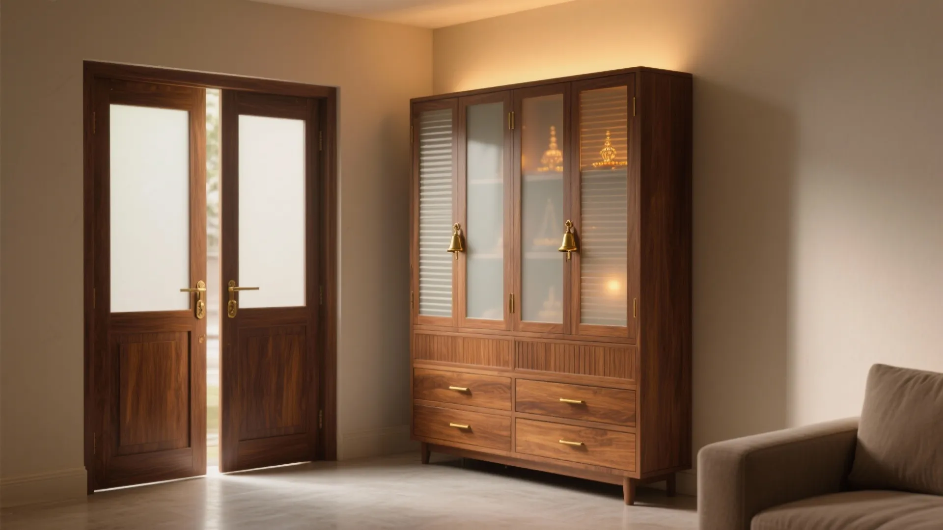 Wooden cabinet with glass doors and gold bells next to a double door and sofa