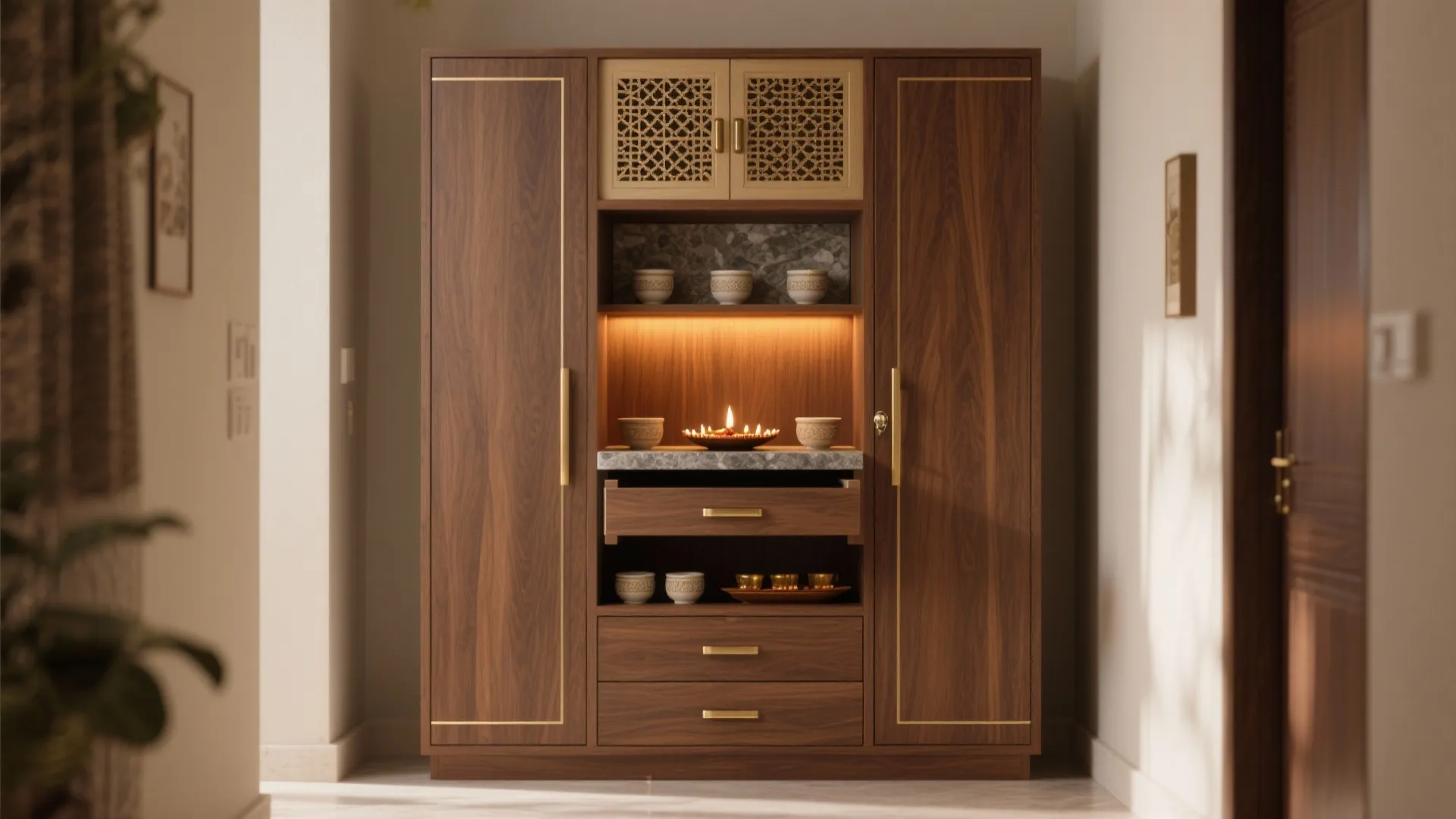 Multipurpose pooja-cabinet with sliding or pocket doors
