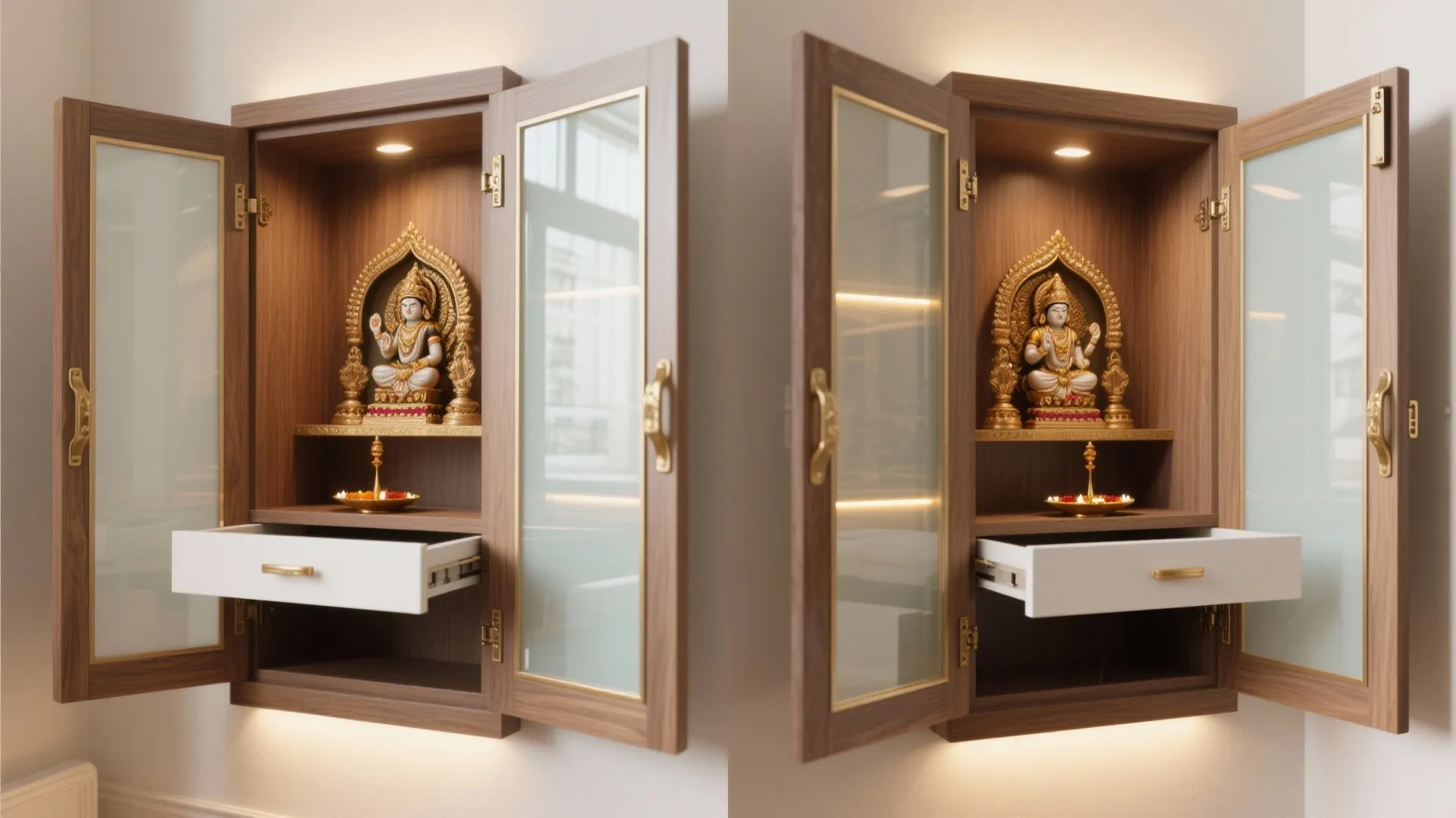 Wall mounted wooden cabinet with glass doors showing a small golden statue and white drawer